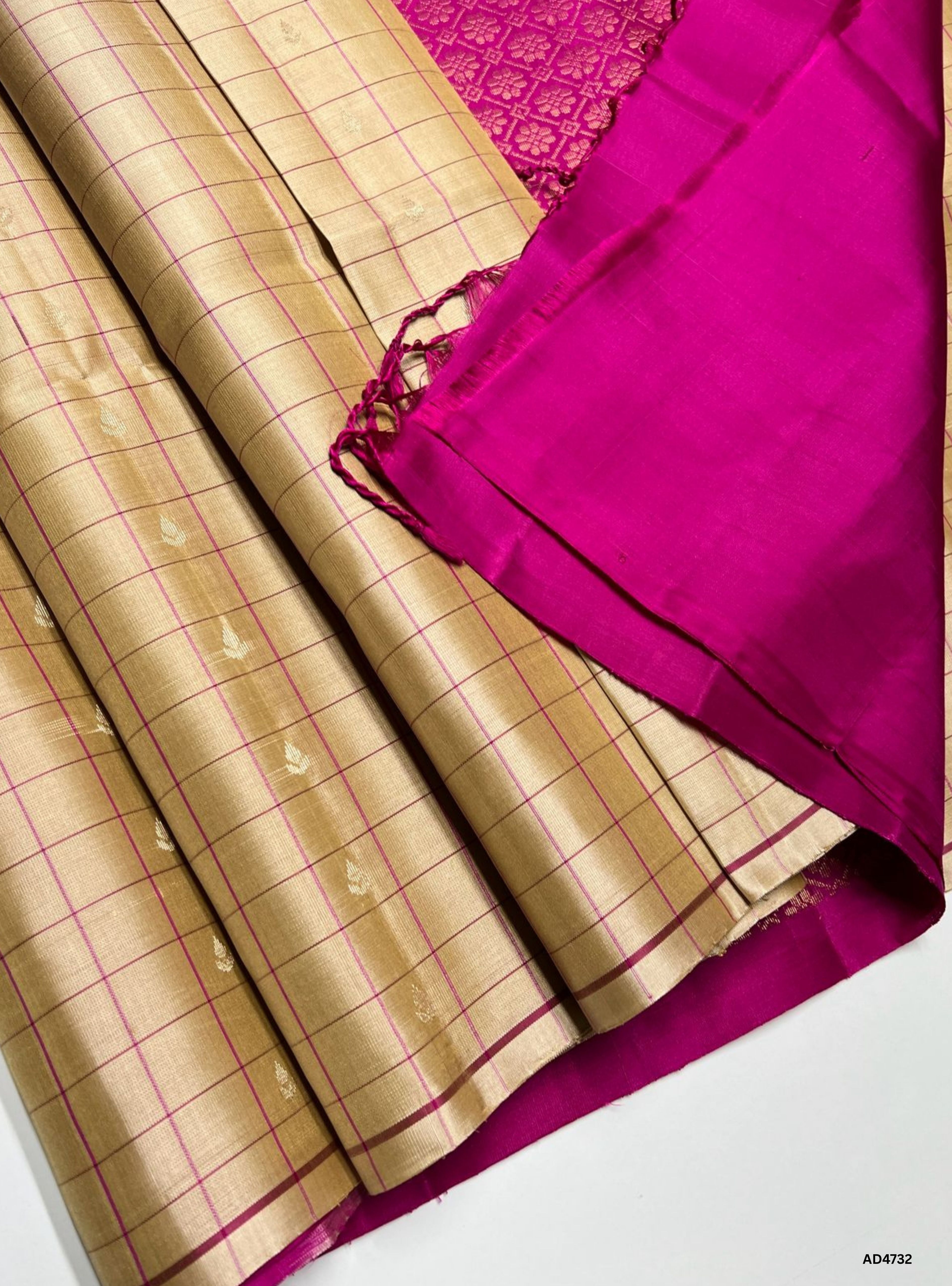 Beige & Rani Pink - Checkerd Soft Silk Saree