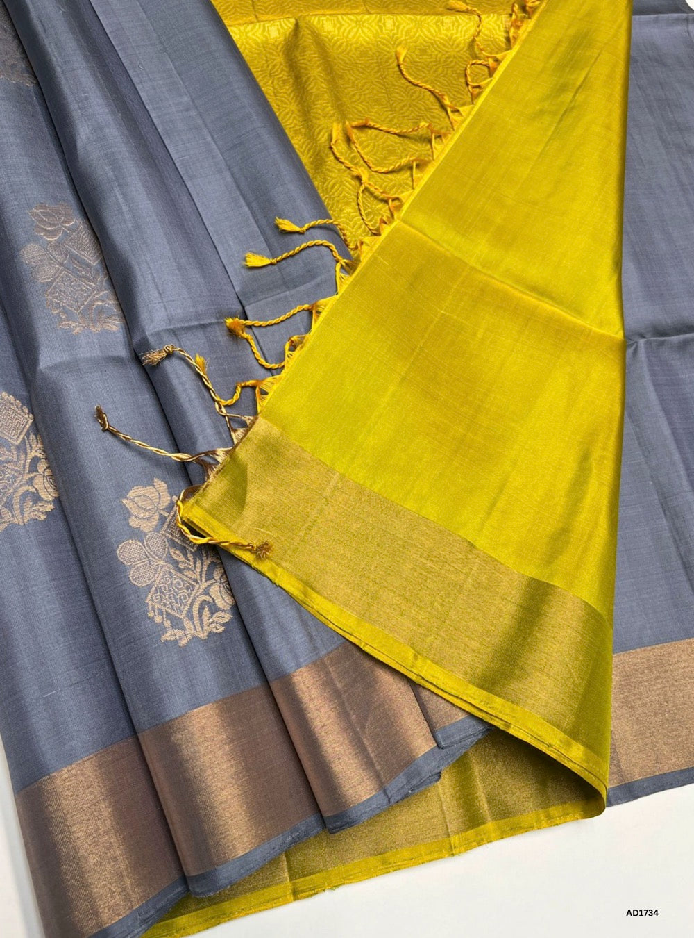 Grey & Lime Green - Soft Silk Saree