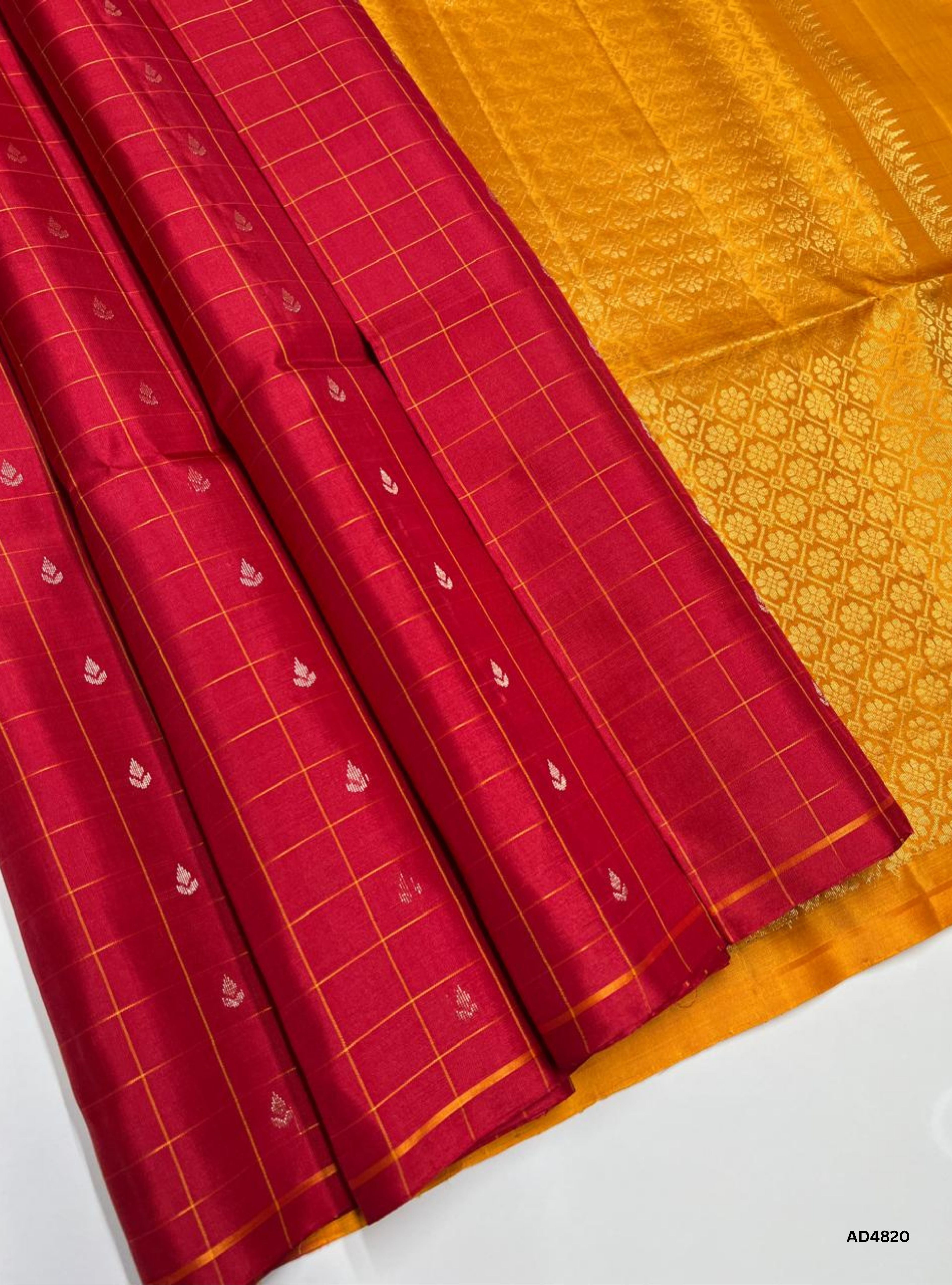 Red & Mango Yellow - Checkerd Soft Silk Saree