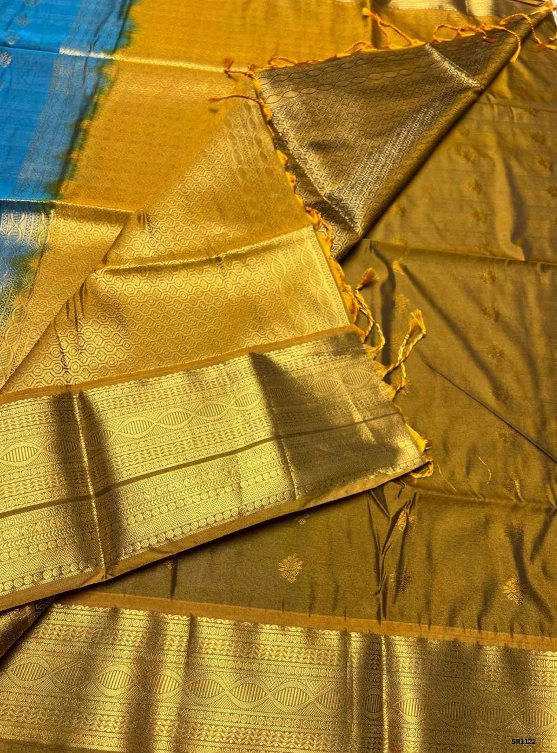 Teal & Mehendi Brown - Semi Silk Saree