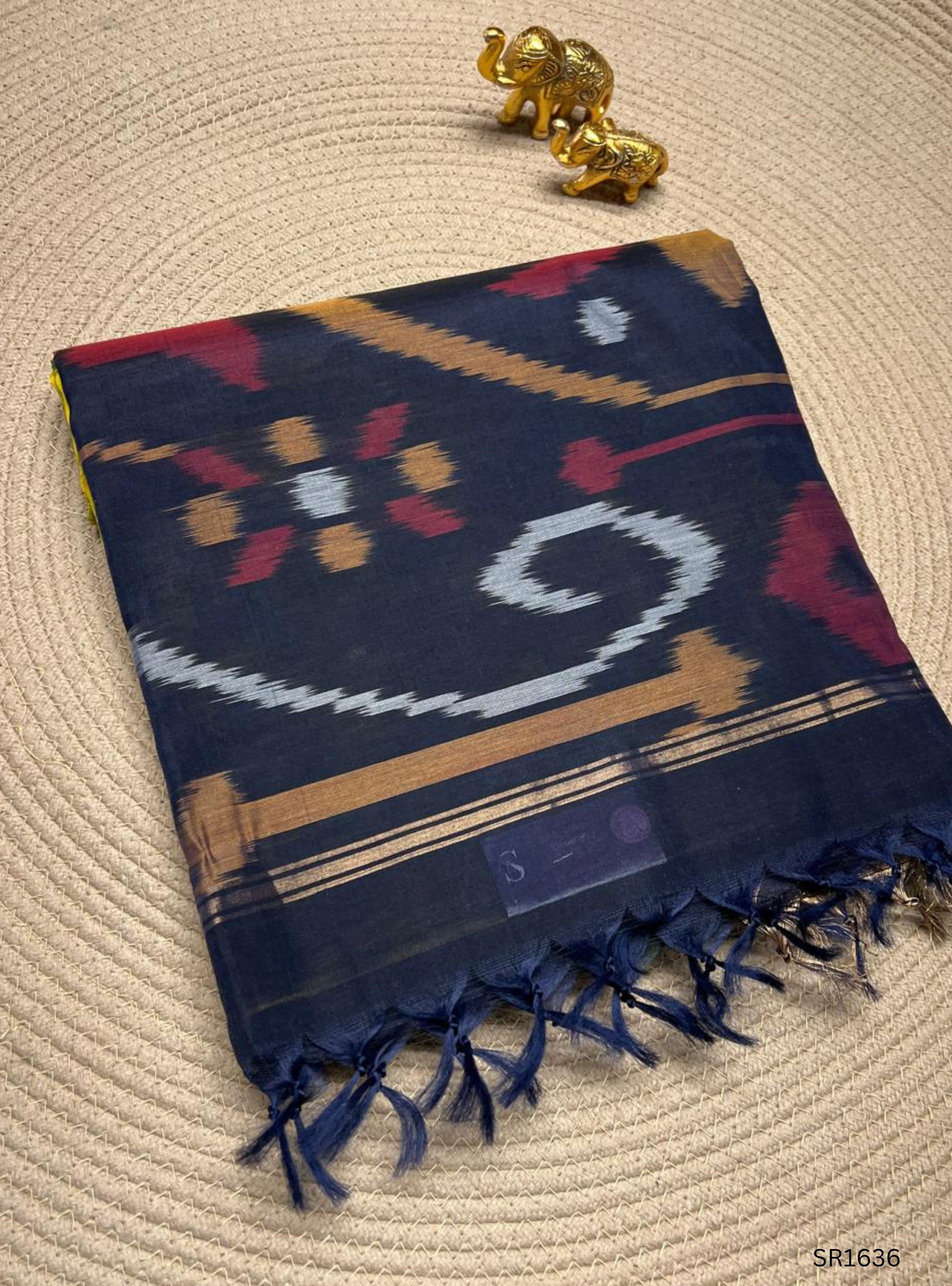 Yellow , Green & Navy Blue - Ikkat Kora Cotton Saree