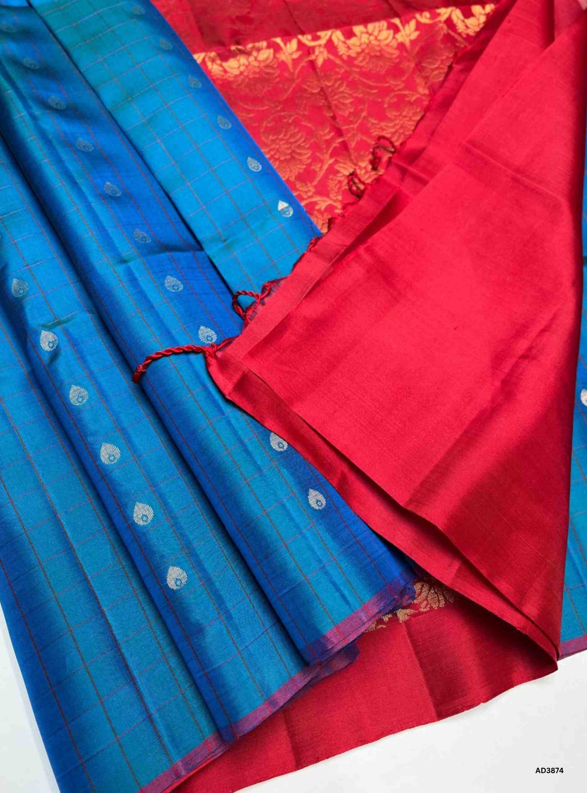 Blue & Red - Checkerd Soft Silk Saree