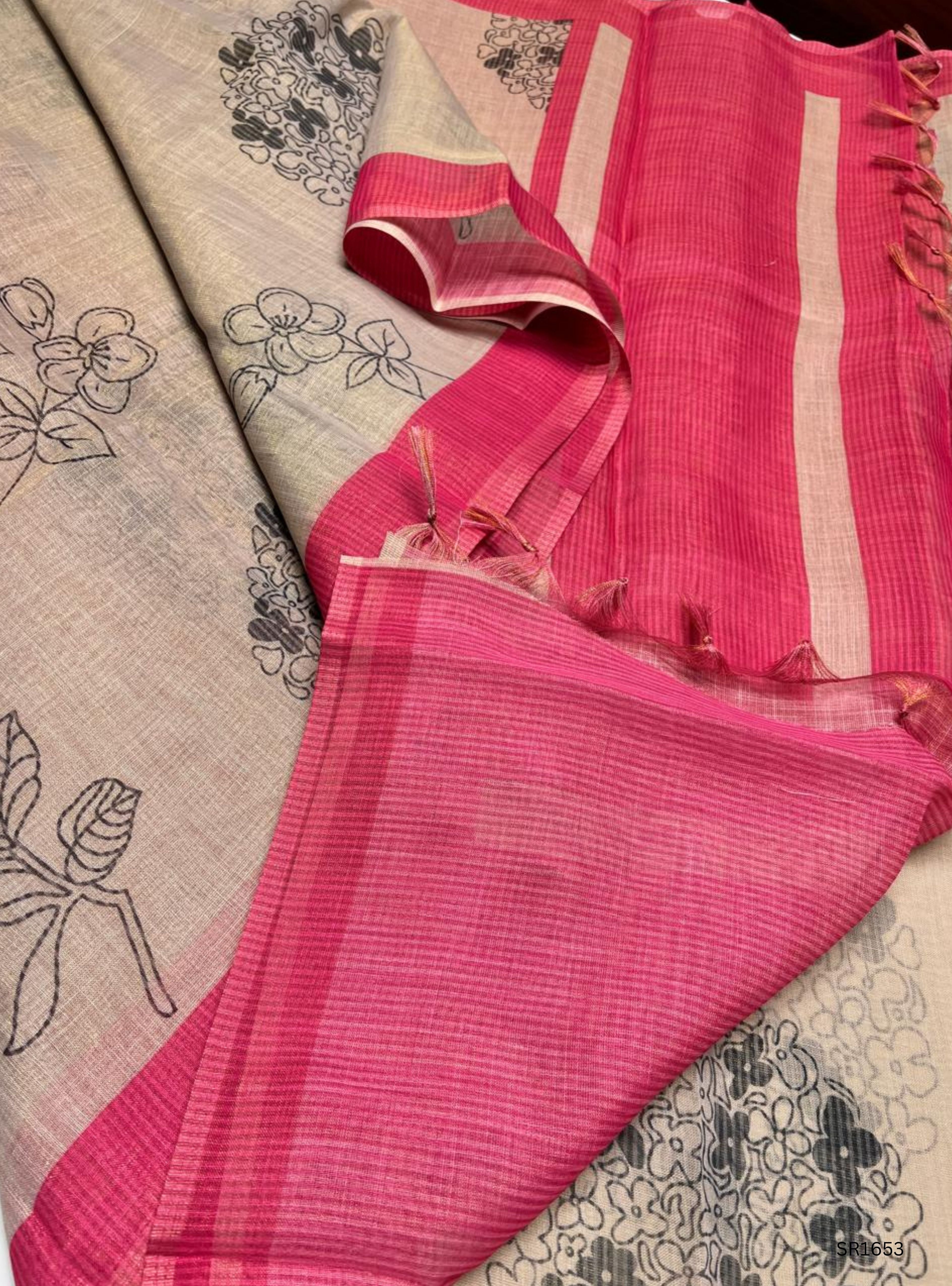 Cream& Pink - Linen Saree