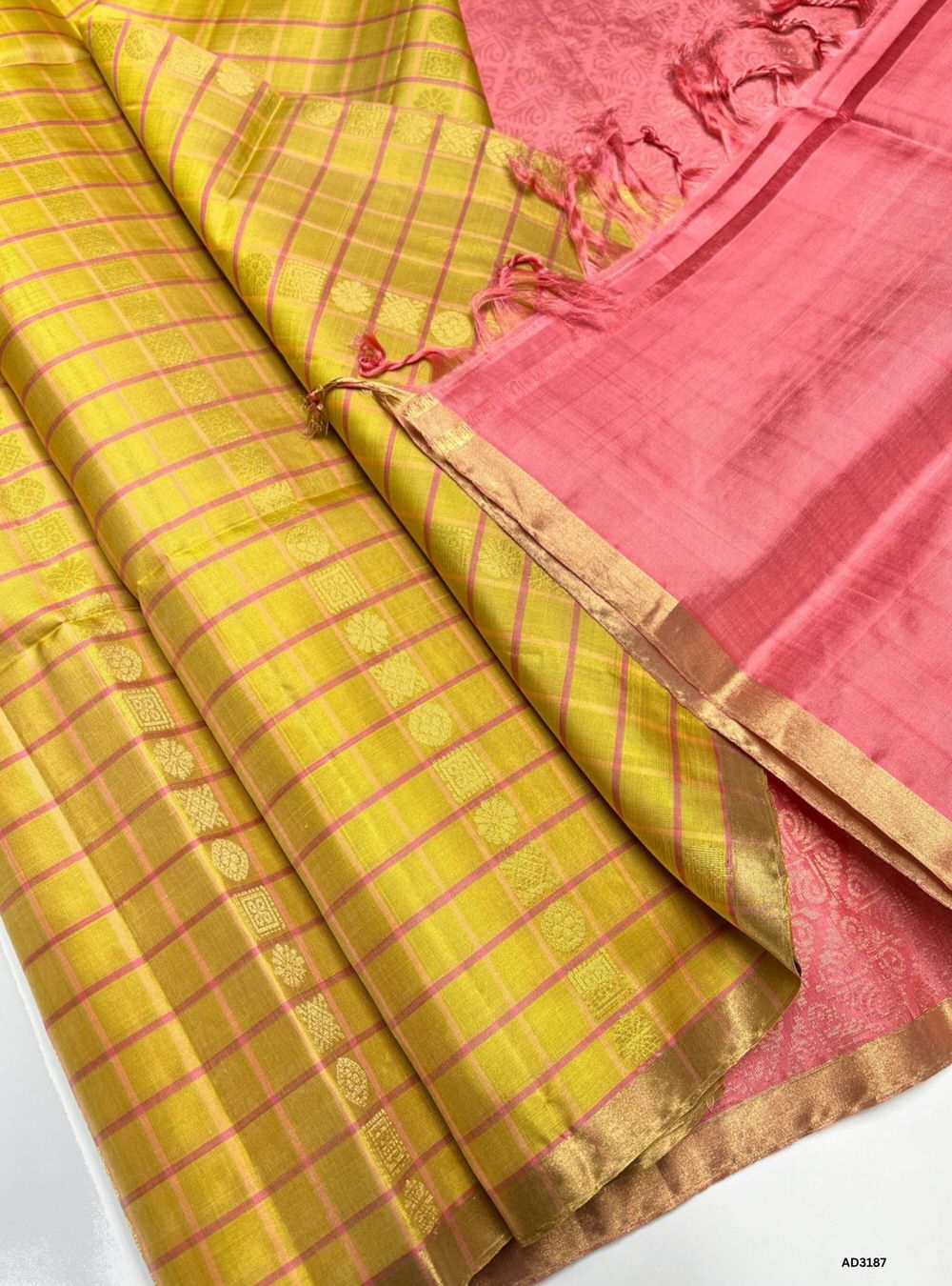 Lime Yellow & Peach - Soft Silk Saree