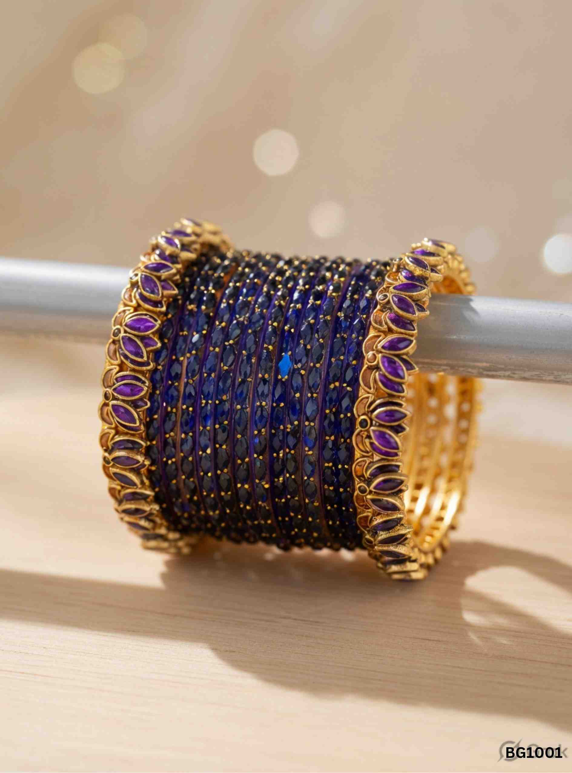 Blue & Purple - Raindrop & Kundan Bangle Set