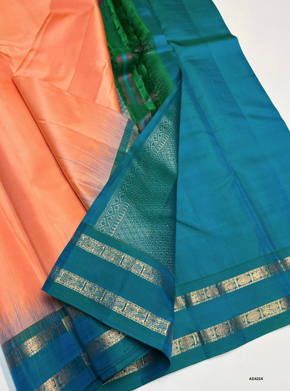 Coral & Turquoise - Plain Retta Pett Soft Silk Saree