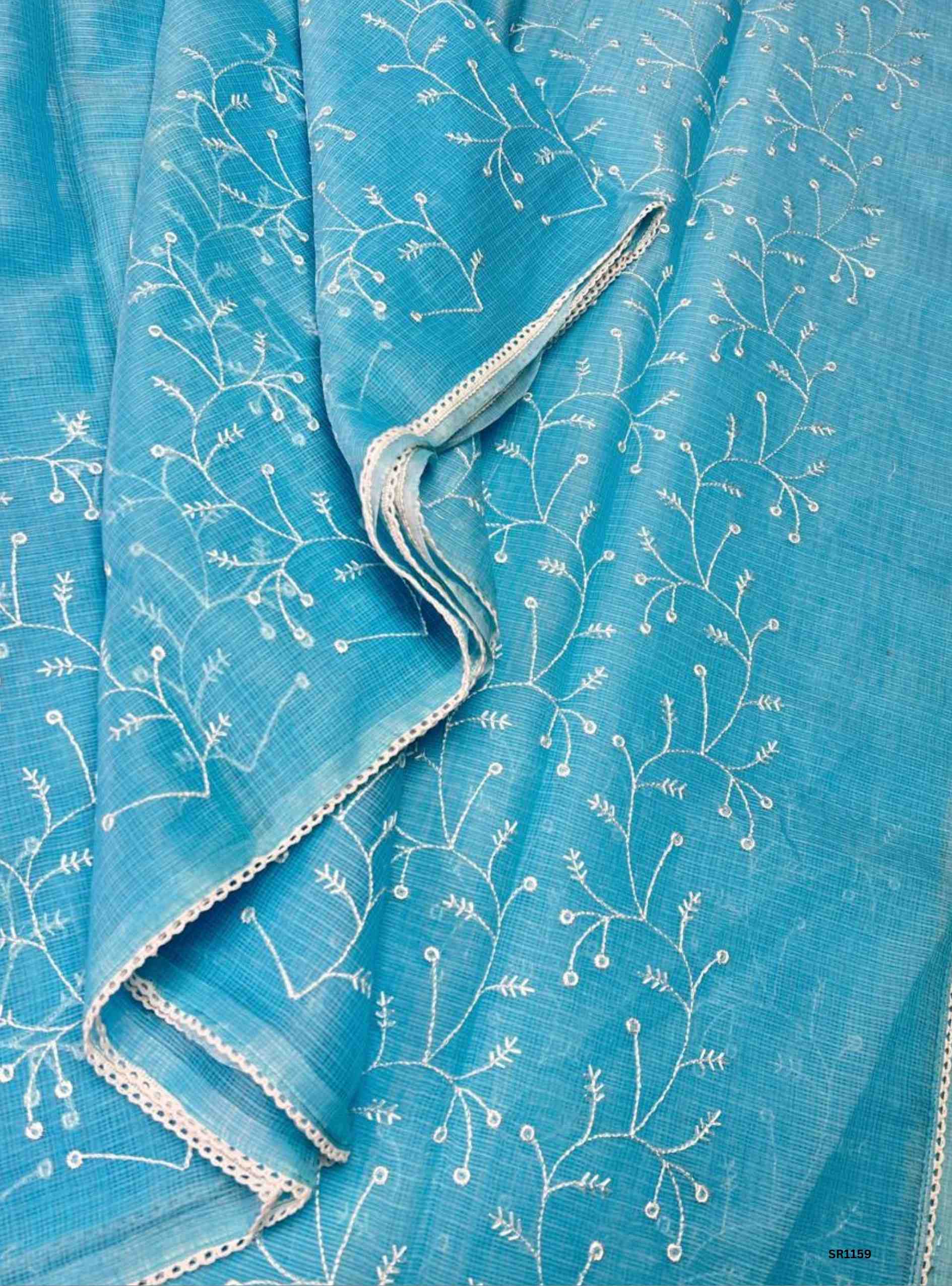 Sky Blue - Embroidered Pure Kota Cotton Saree