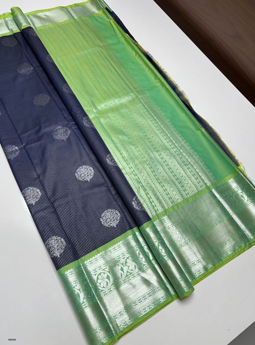 Navy & Sea Green - Vegan Silk Saree