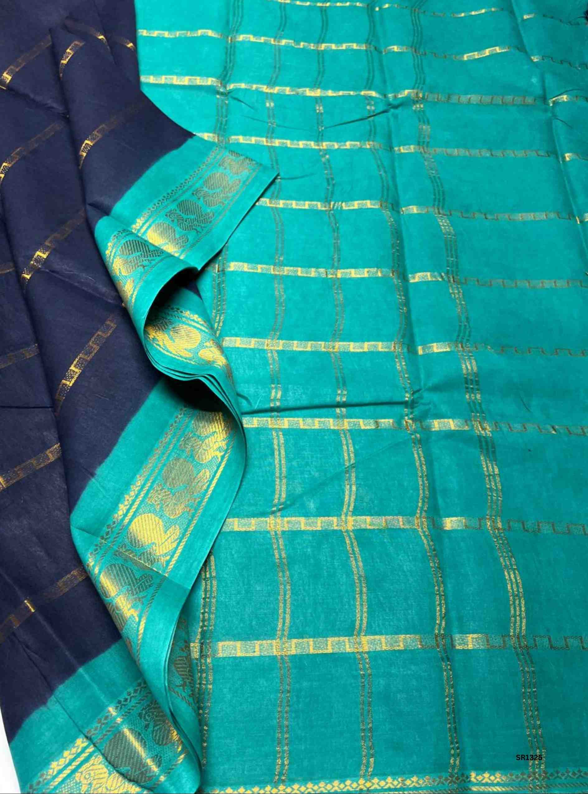 Navy Blue & Rama Green - Velthaari Chungudi Cotton Saree