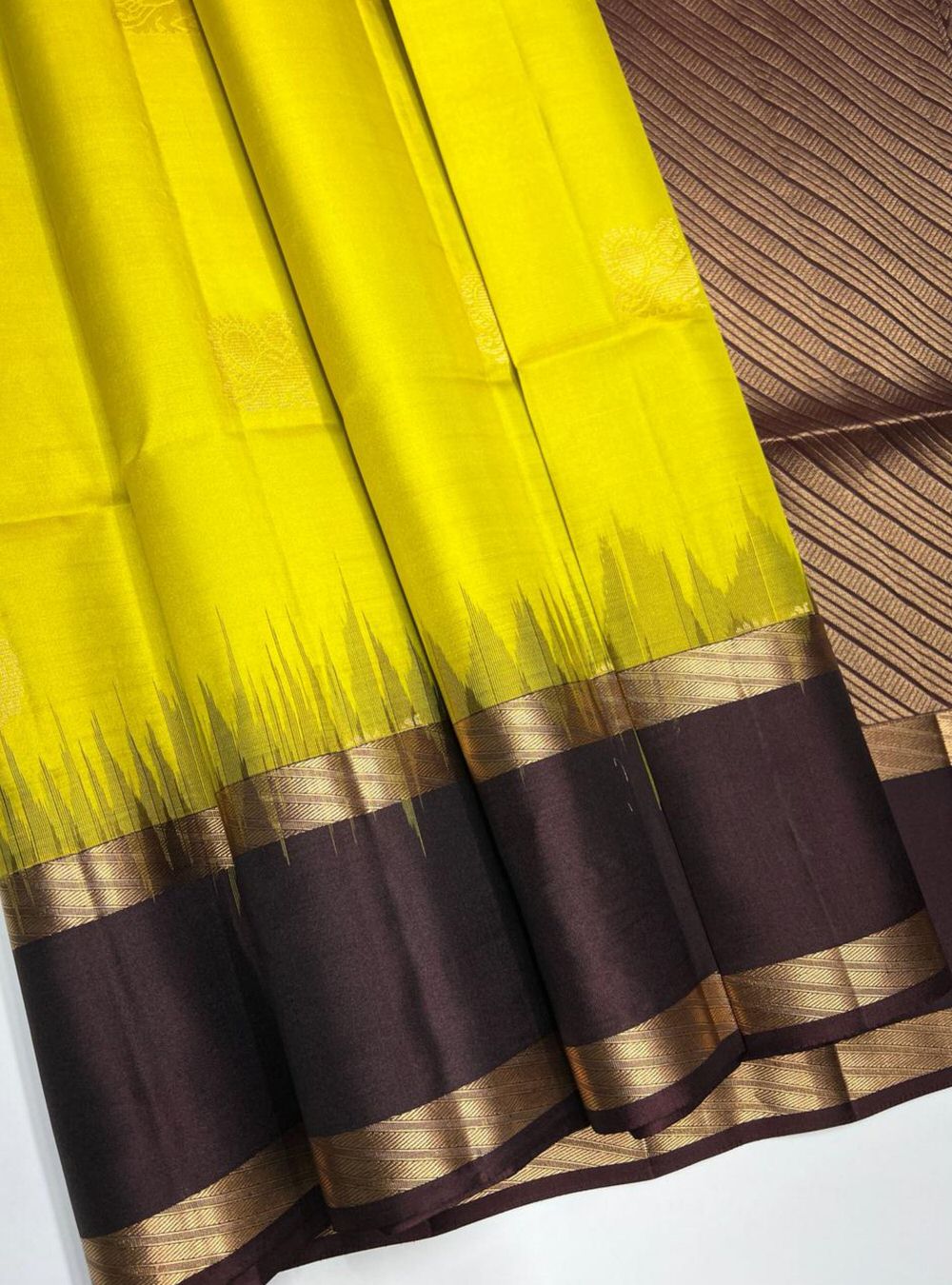 Lime Yellow & Coffee Brown - Soft Silk Saree
