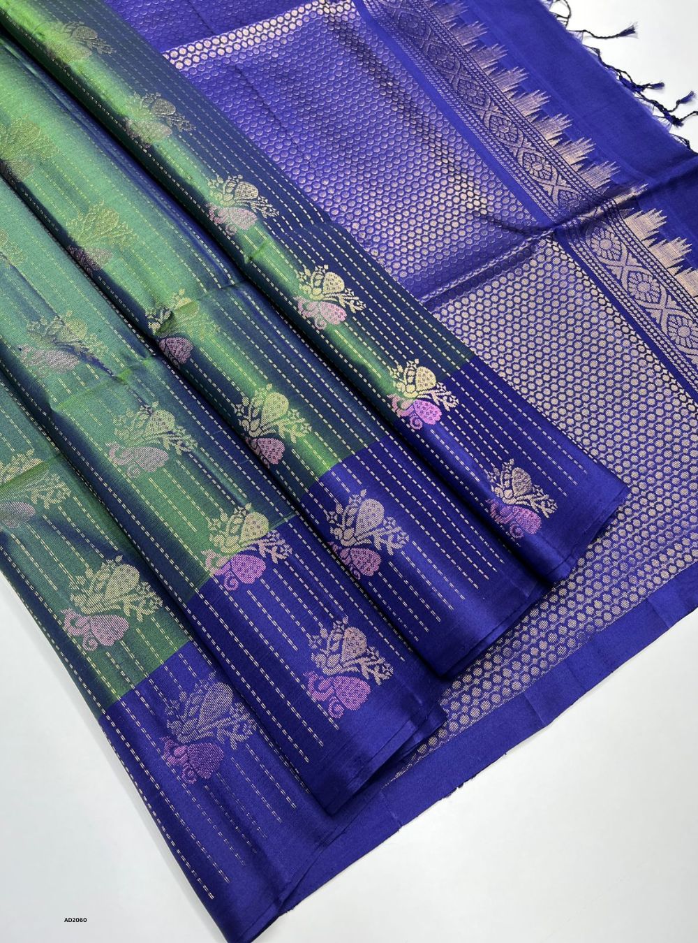 Moss Green & Navy - Soft Silk Saree