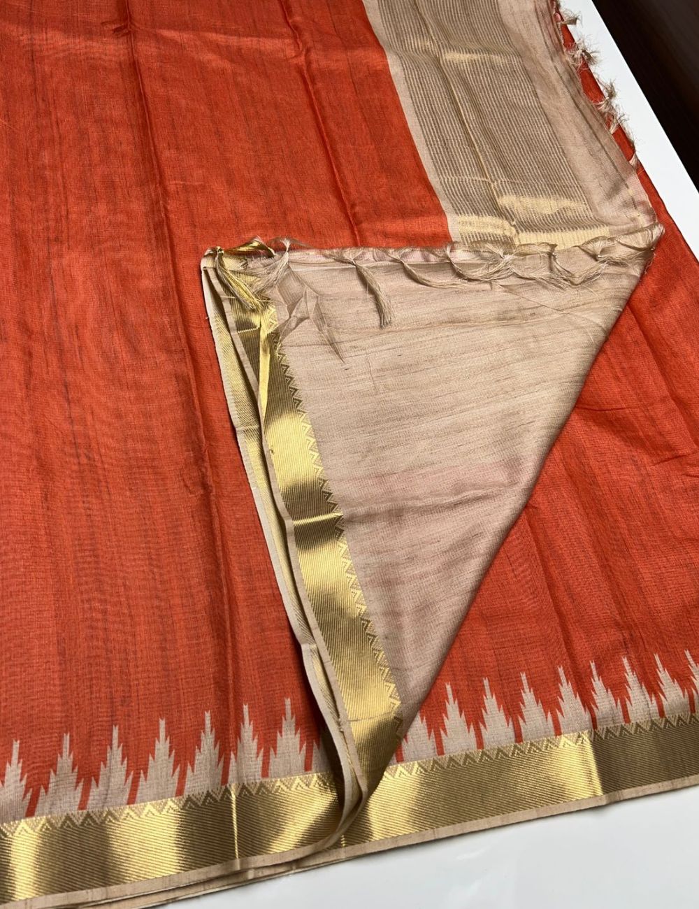 Orange Color - Plain Semi Tusser Saree