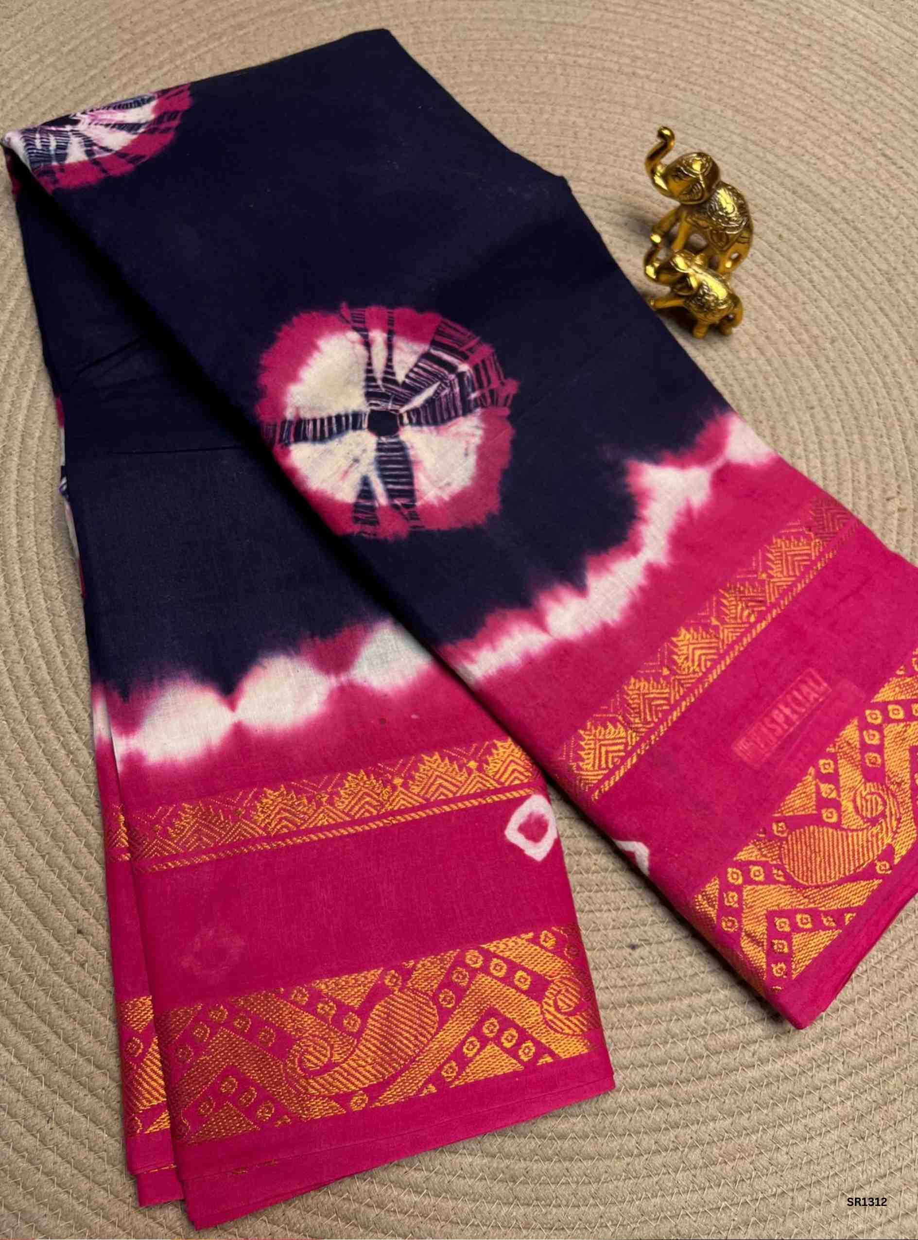 Ink Blue & Pink - Bandhini Chungudi Cotton Saree