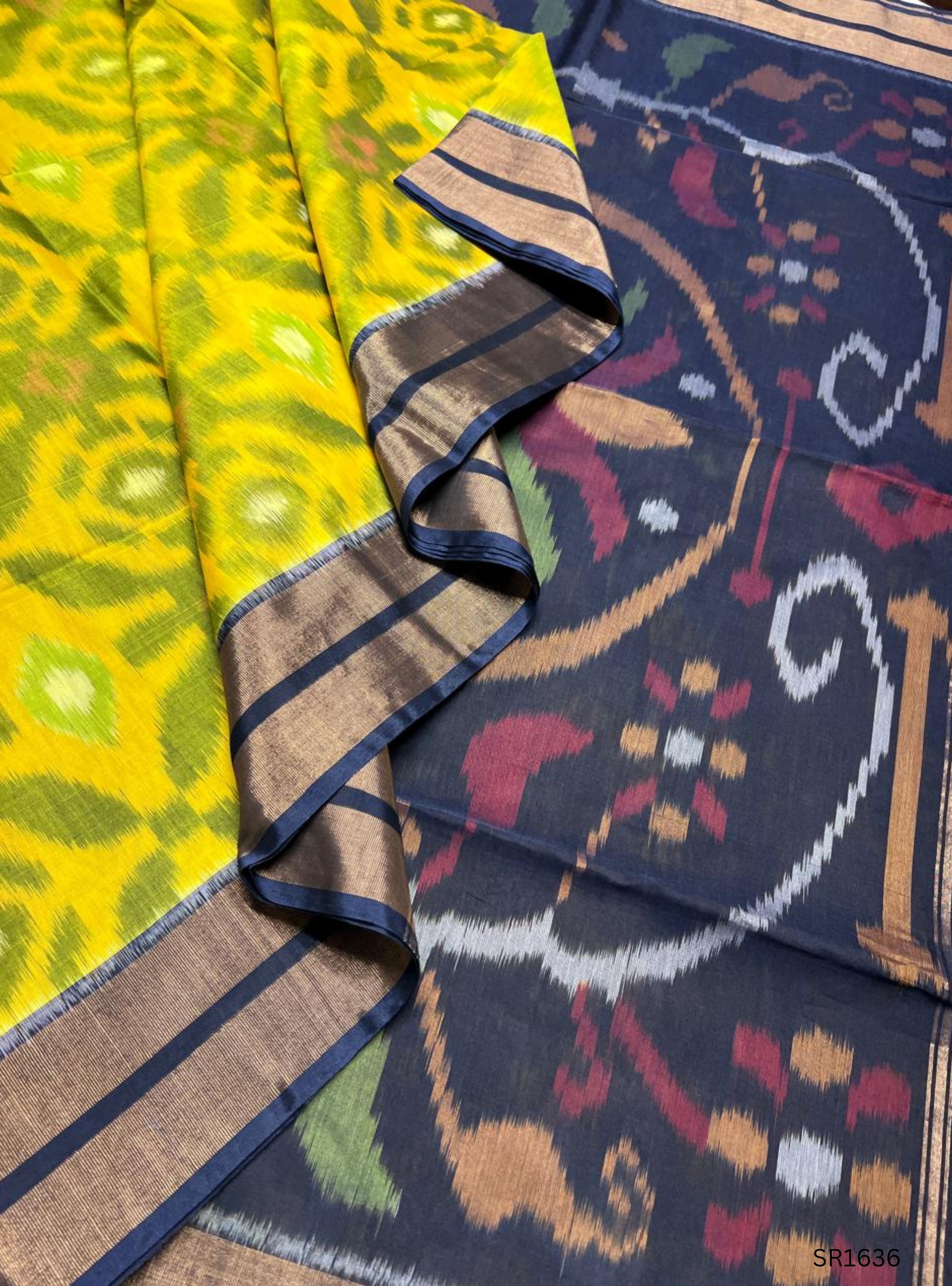 Yellow , Green & Navy Blue - Ikkat Kora Cotton Saree