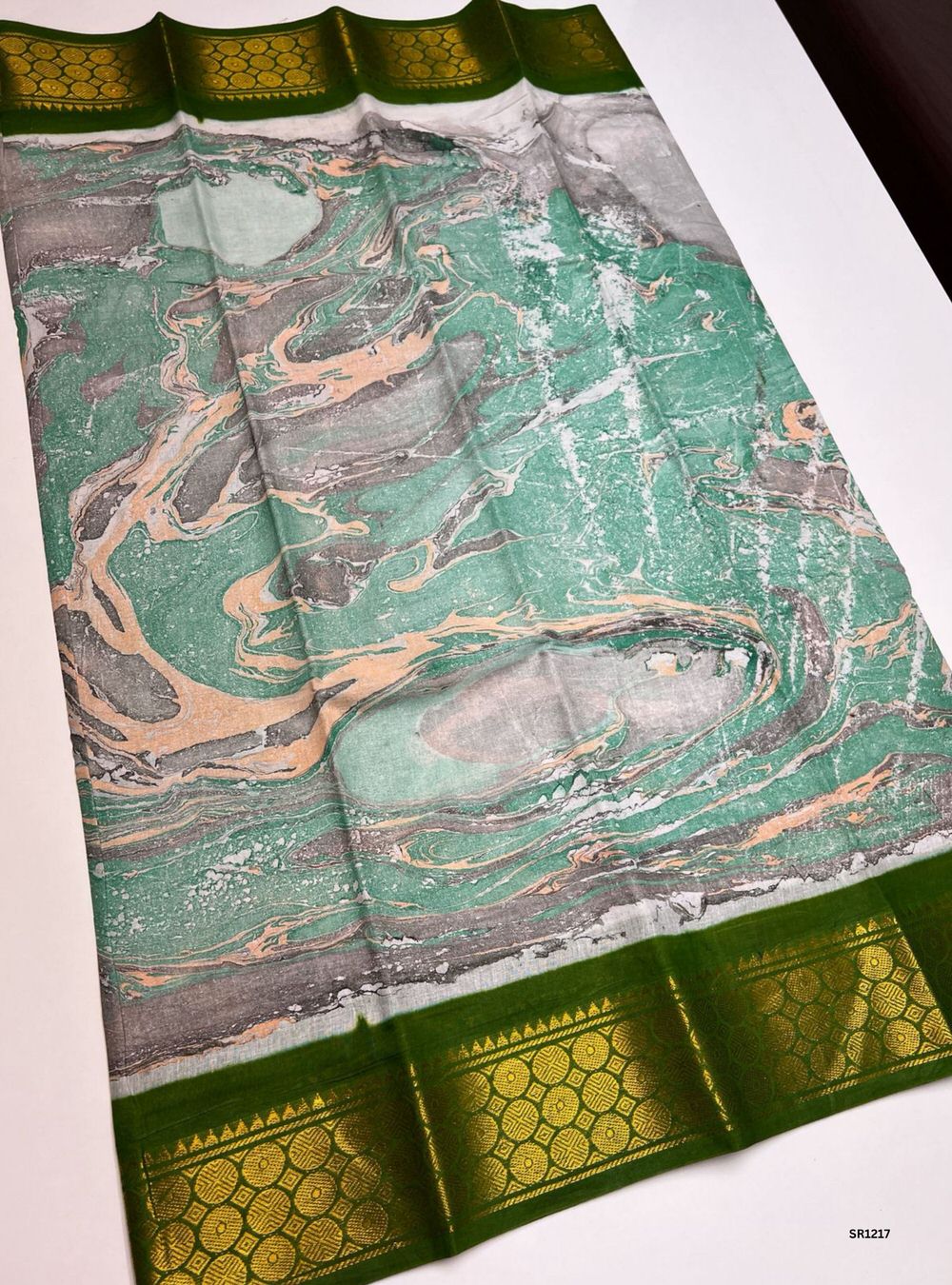 Light Green & Dark Green - Marble Print Chungudi Cotton