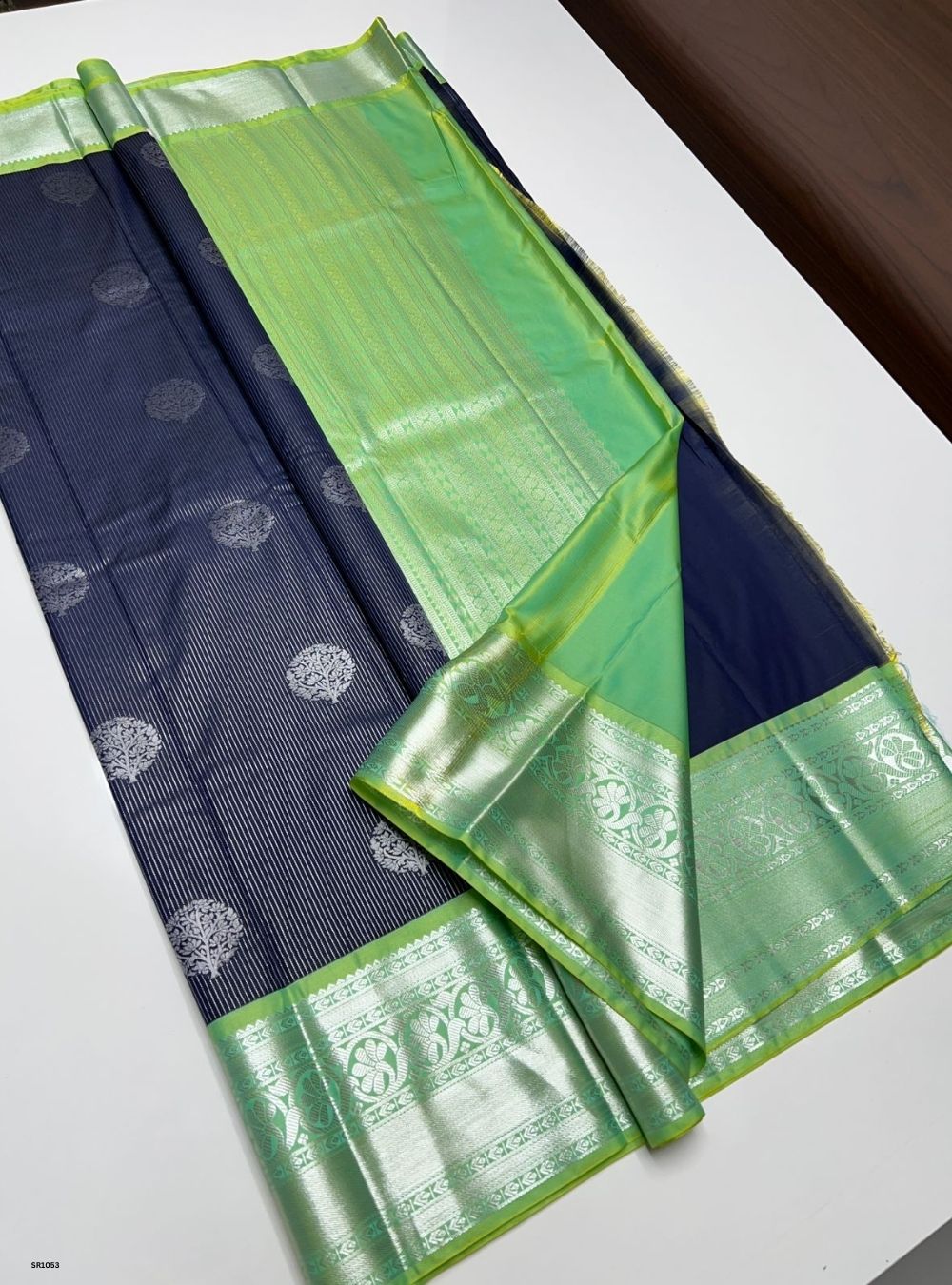 Navy & Sea Green - Vegan Silk Saree