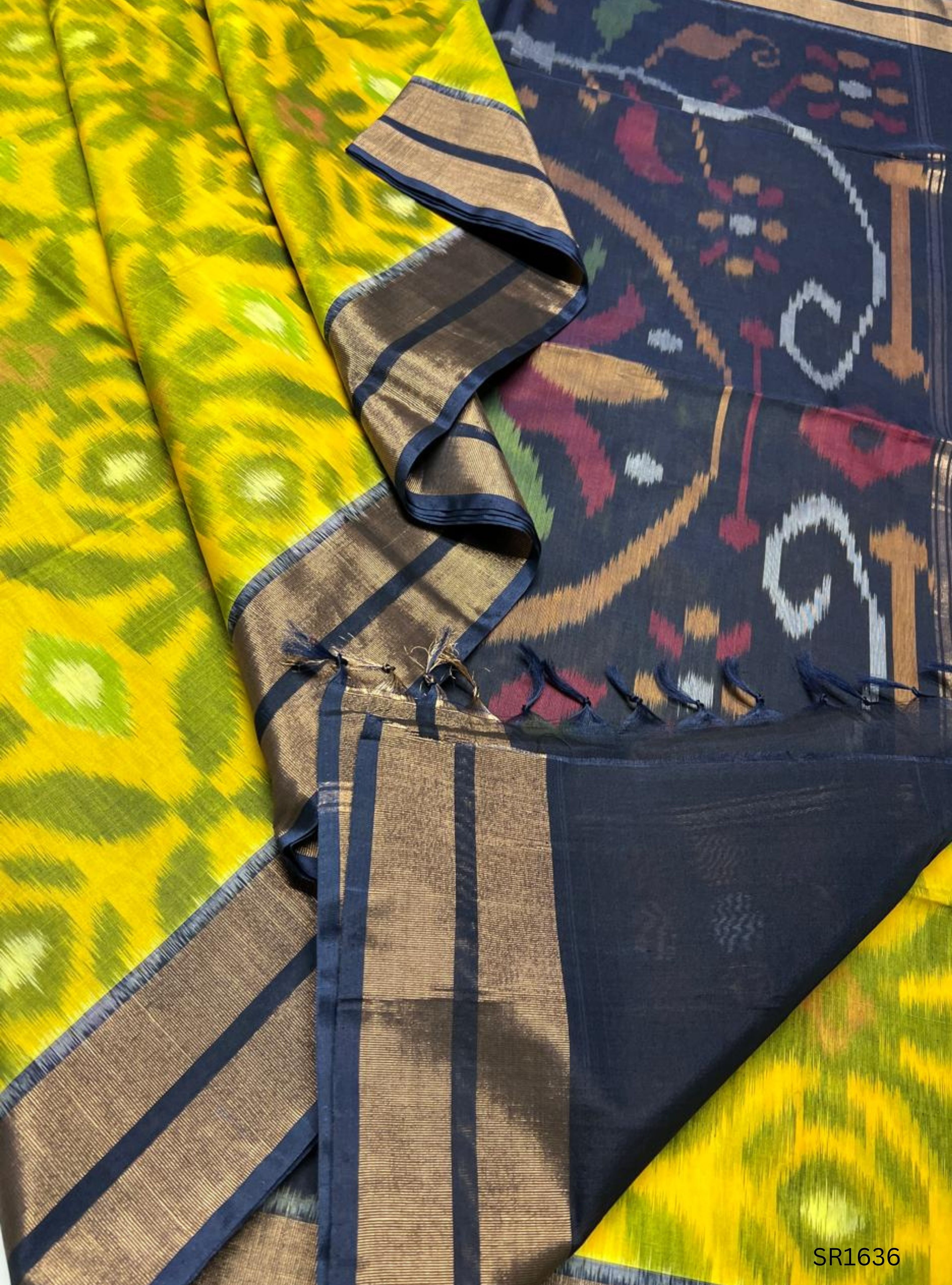 Yellow , Green & Navy Blue - Ikkat Kora Cotton Saree