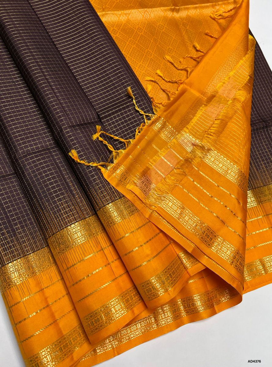 Coffee Brown & Mango Yellow - Checkered Retta Pet Saree