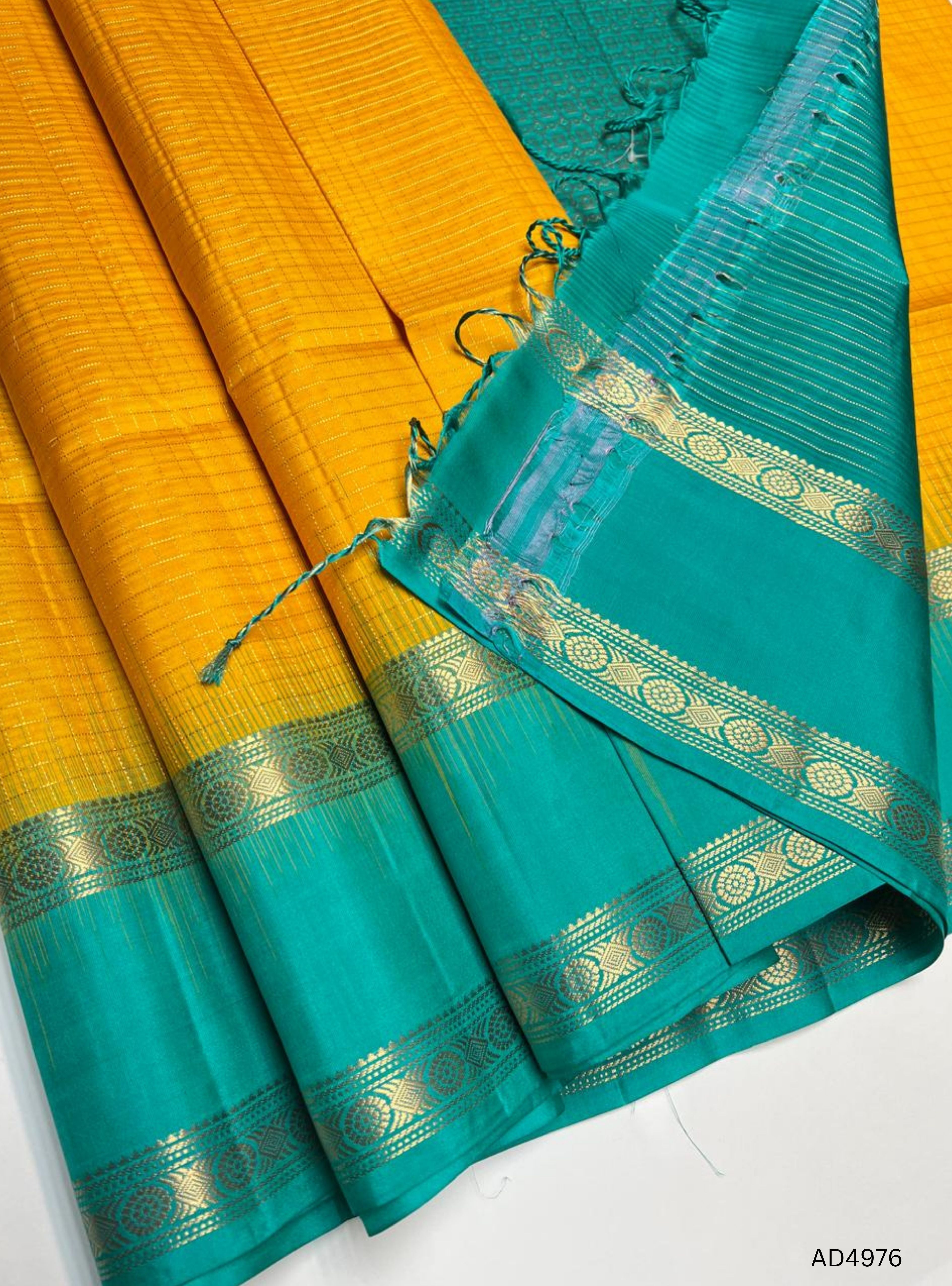 Mango Yellow & Rama Blue - Checkerd Retta Pet Soft Silk Saree