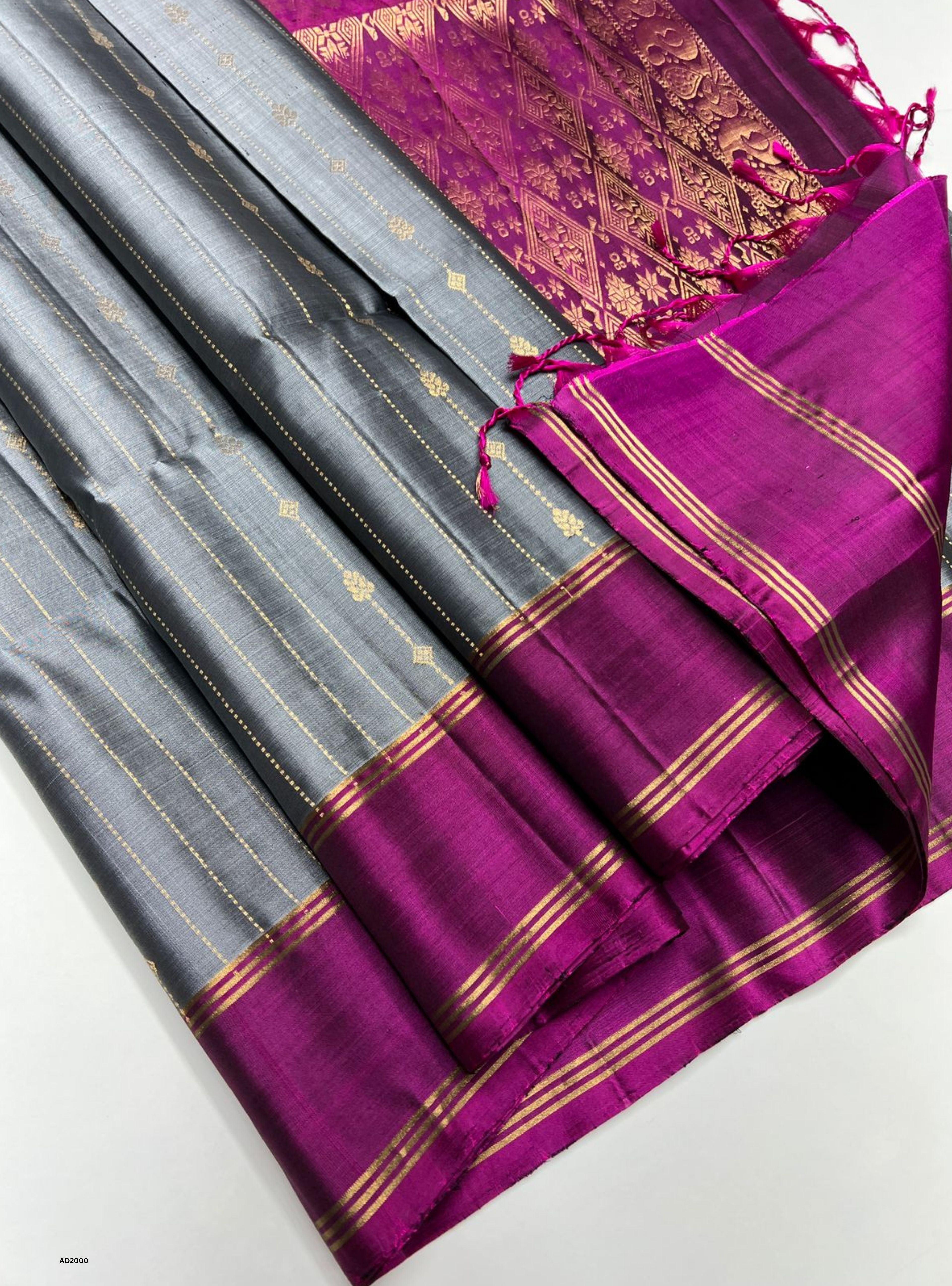 Grey & Dark Raspberry - Soft Silk Saree