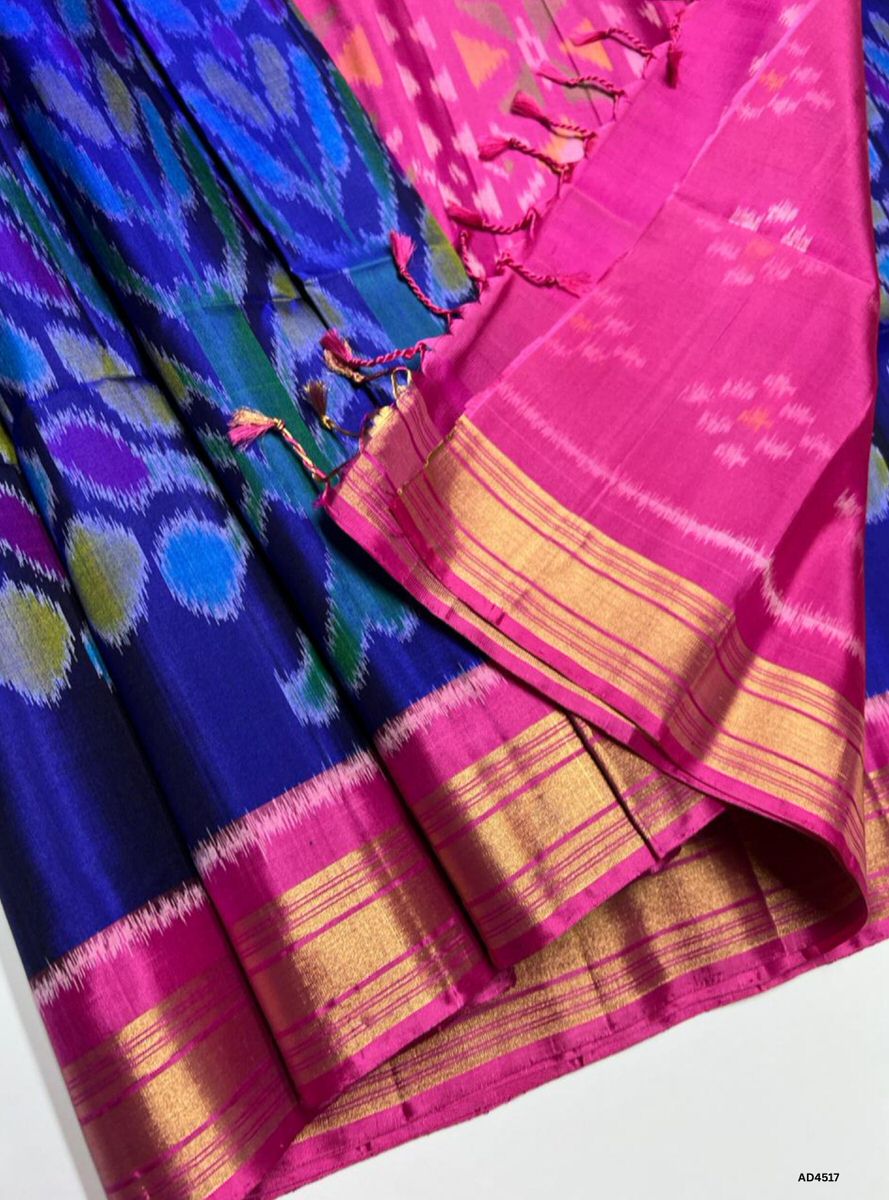 Navy Blue & Pink - Pochampally Soft Silk saree