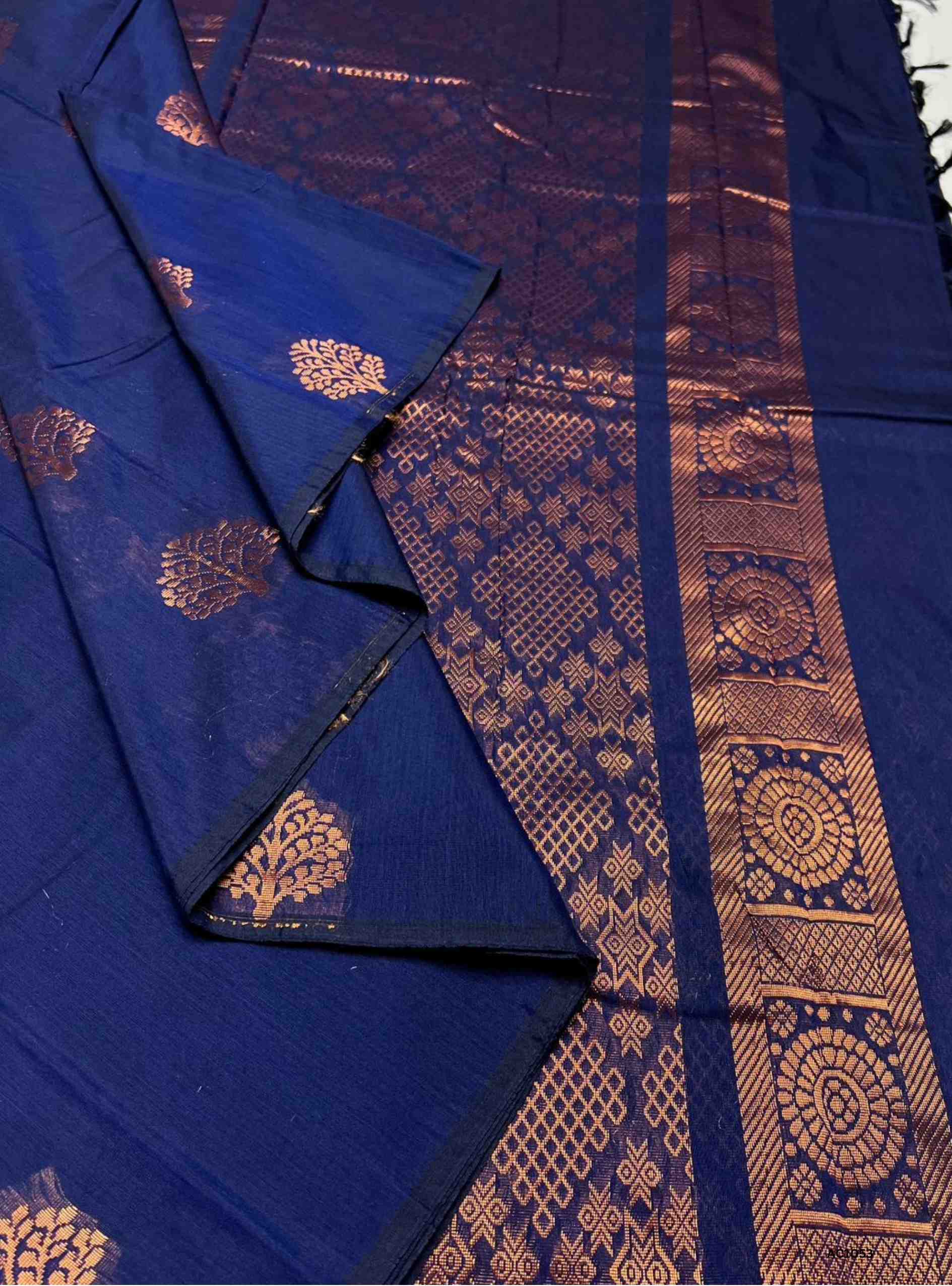 Soft Cotton Bhutta saree in Navy Blue color