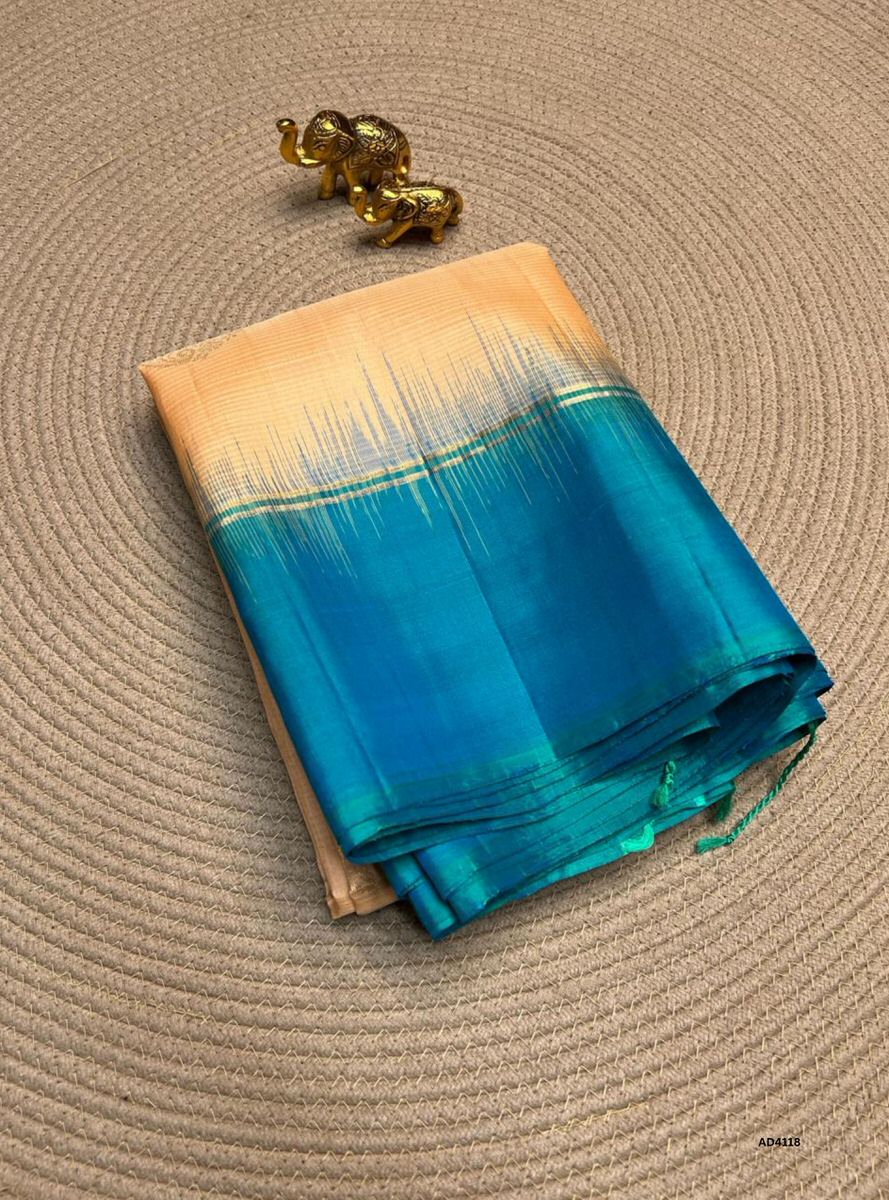 Cream & Rama Blue - Fancy Border Soft Silk Saree