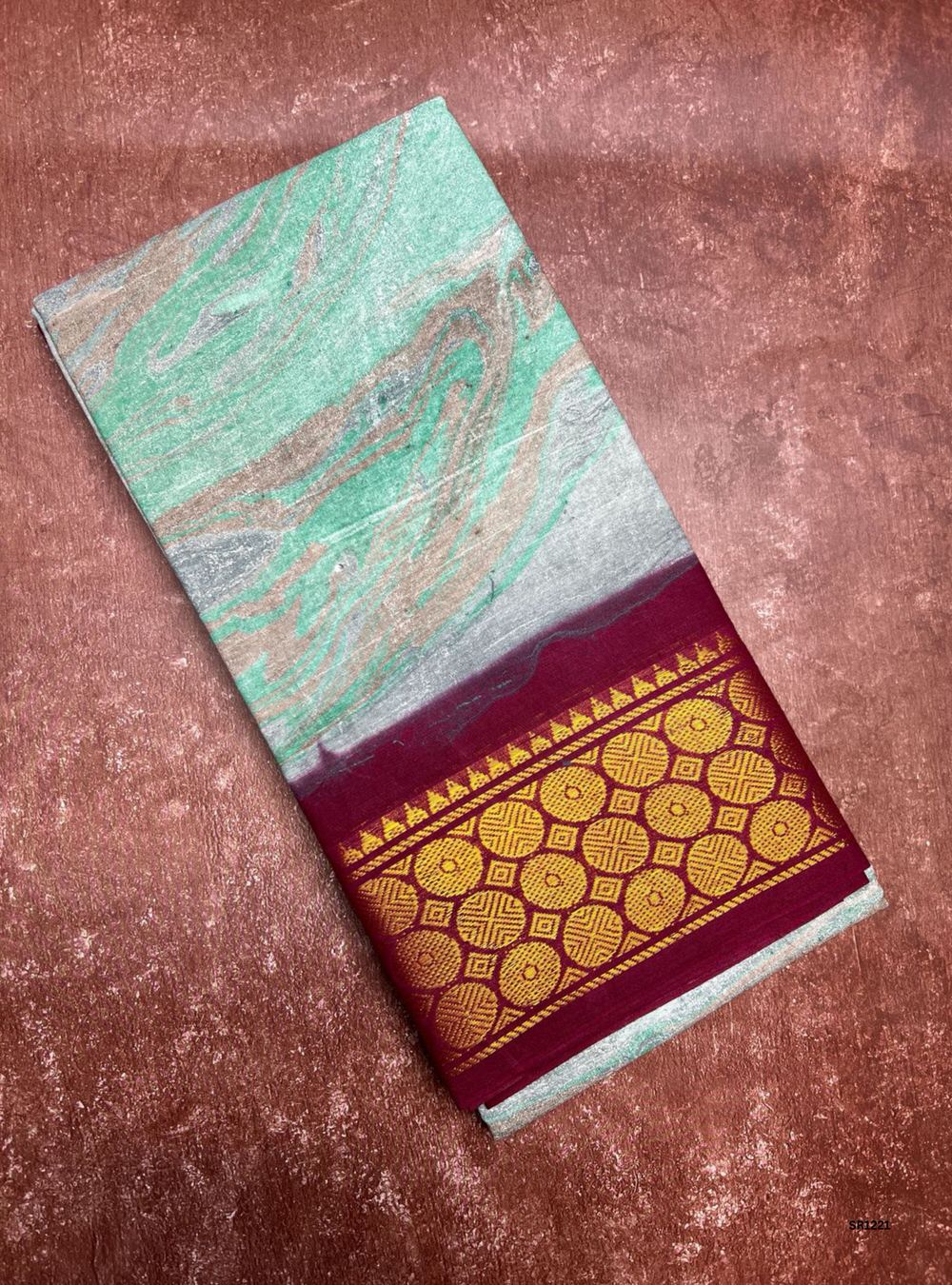Light Green & Maroon - Marble Print Chungudi Cotton