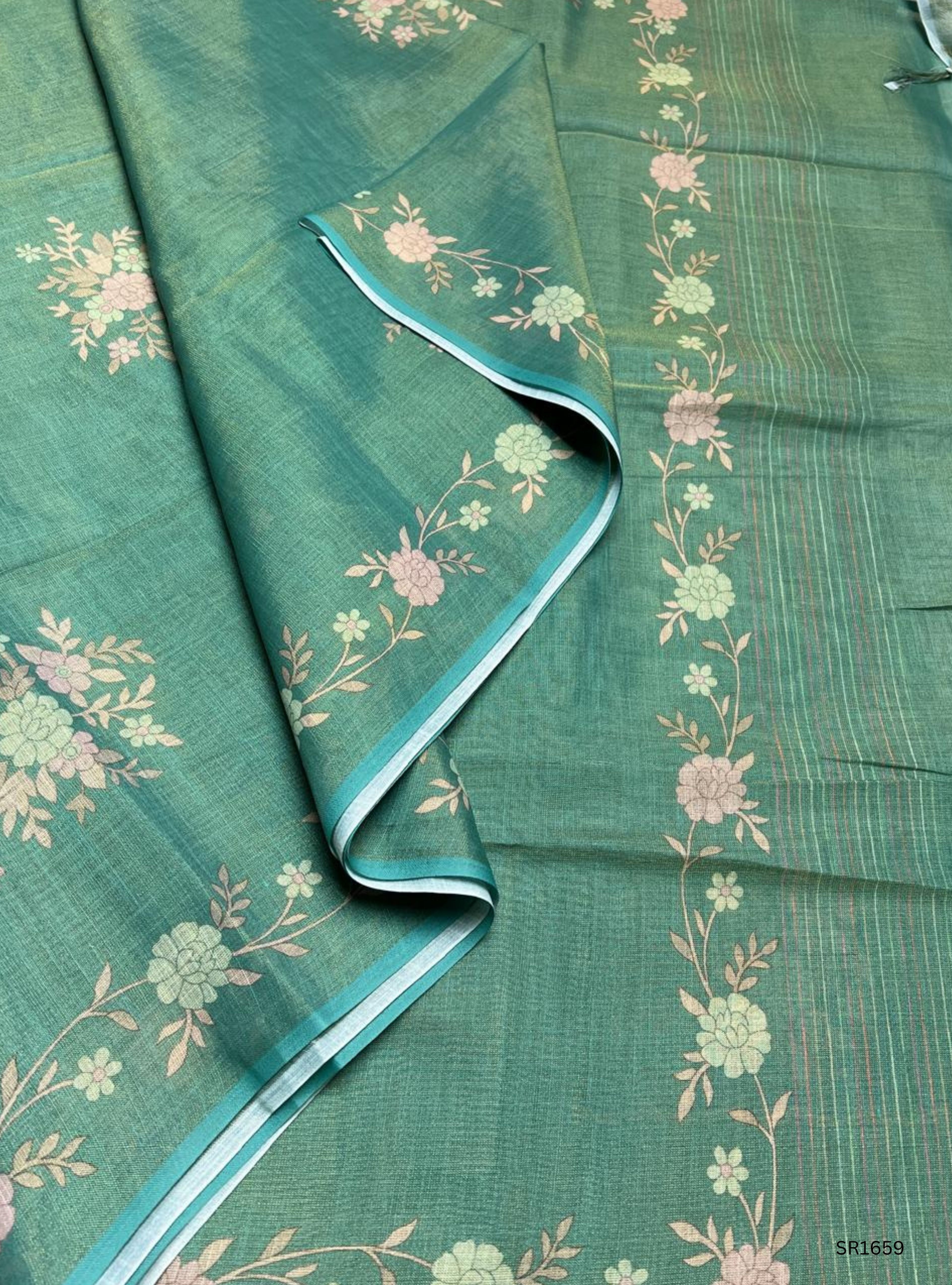 Green - Tissue Linen Saree