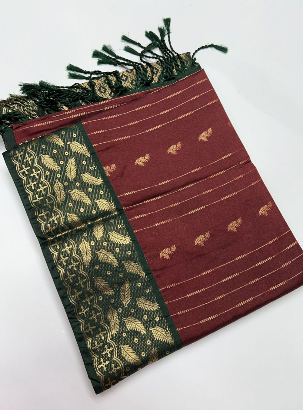Brown & Green - Semi Silk Saree