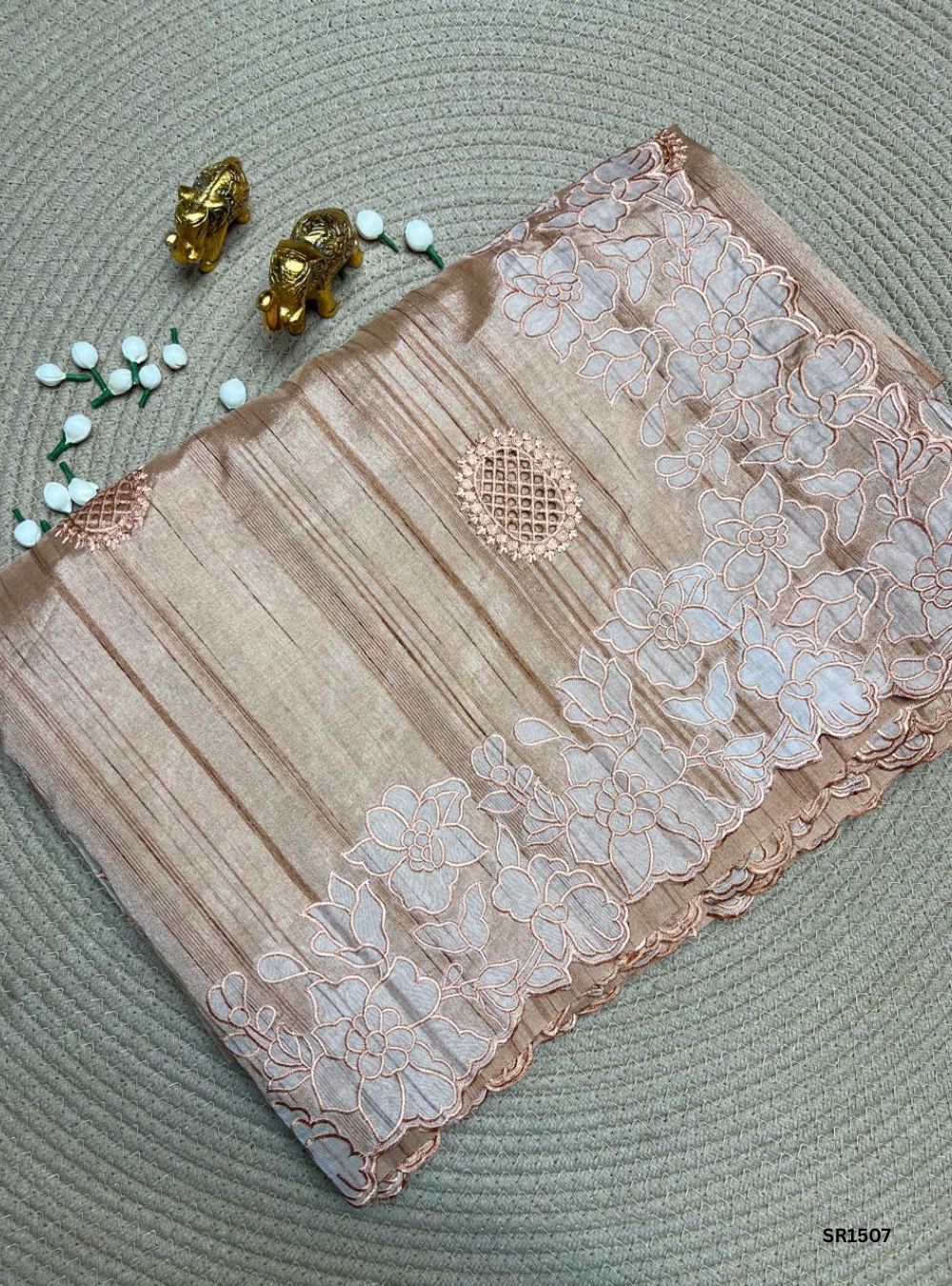 Creamy Peach - Semi Tussar Applique Cut Work Saree