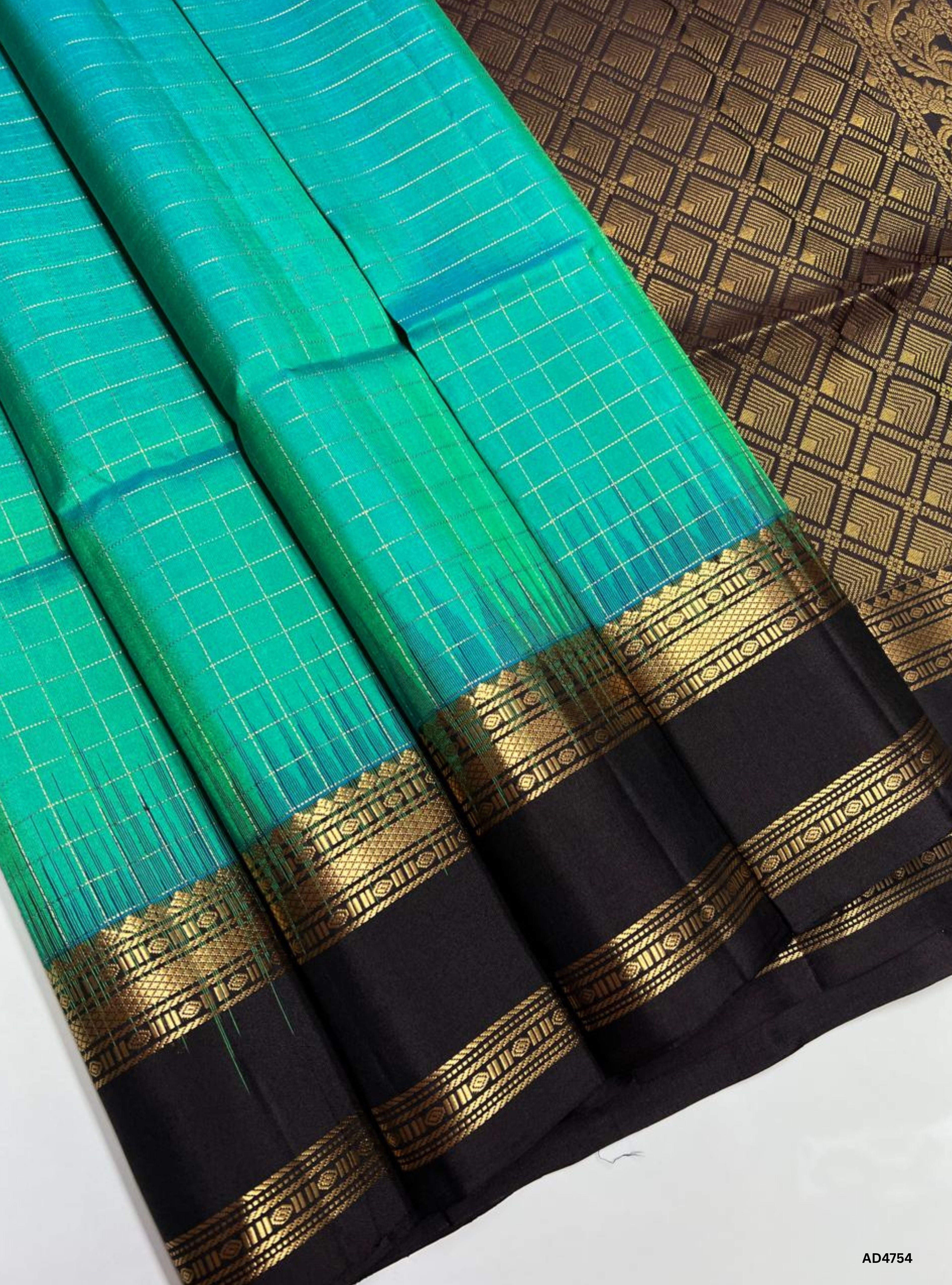 Aqua Green & Coffee Brown - Checkerd Retta Pet Soft Silk Saree