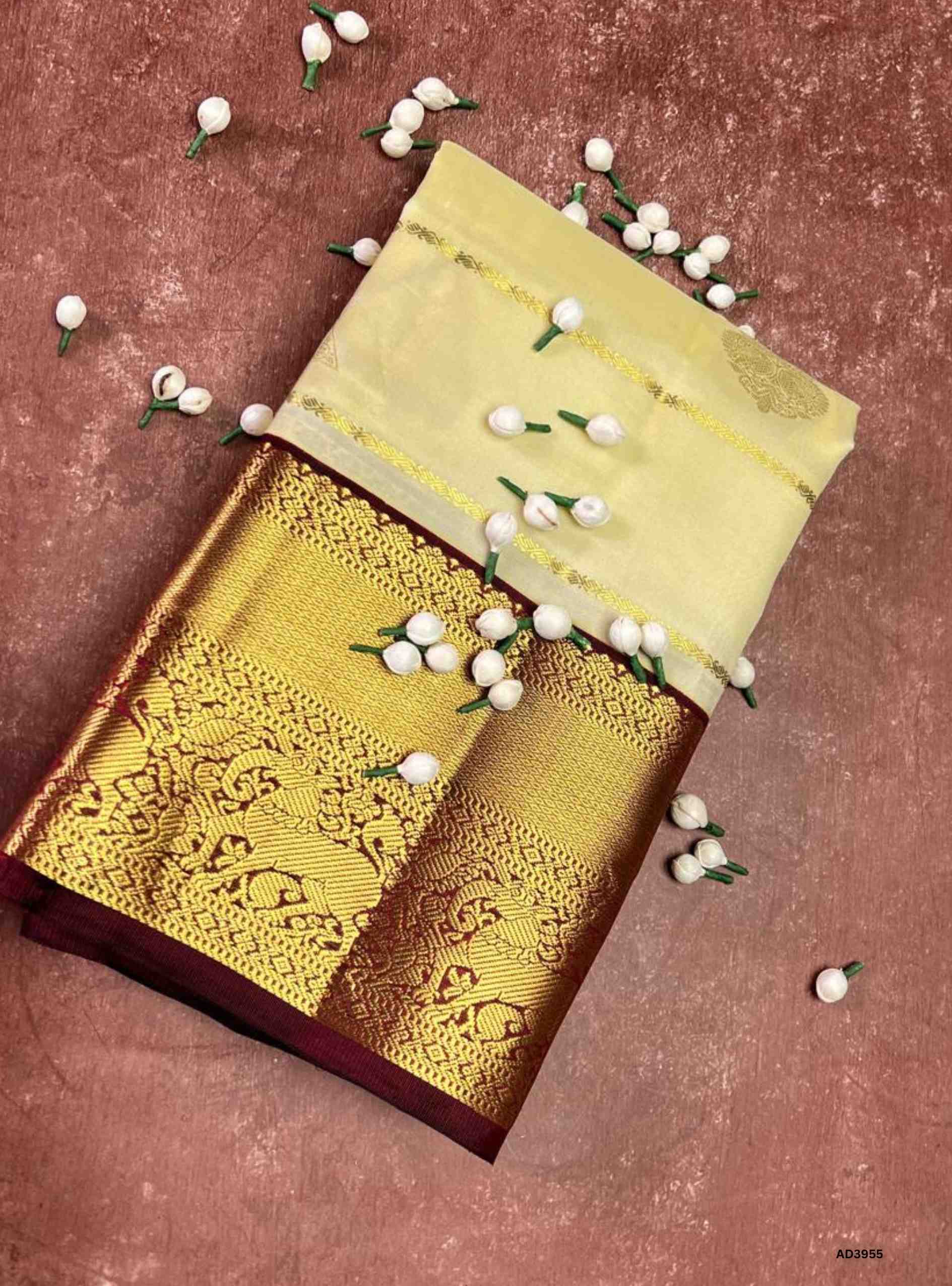 Half white & Maroon - Kanjeevaram Silk Saree