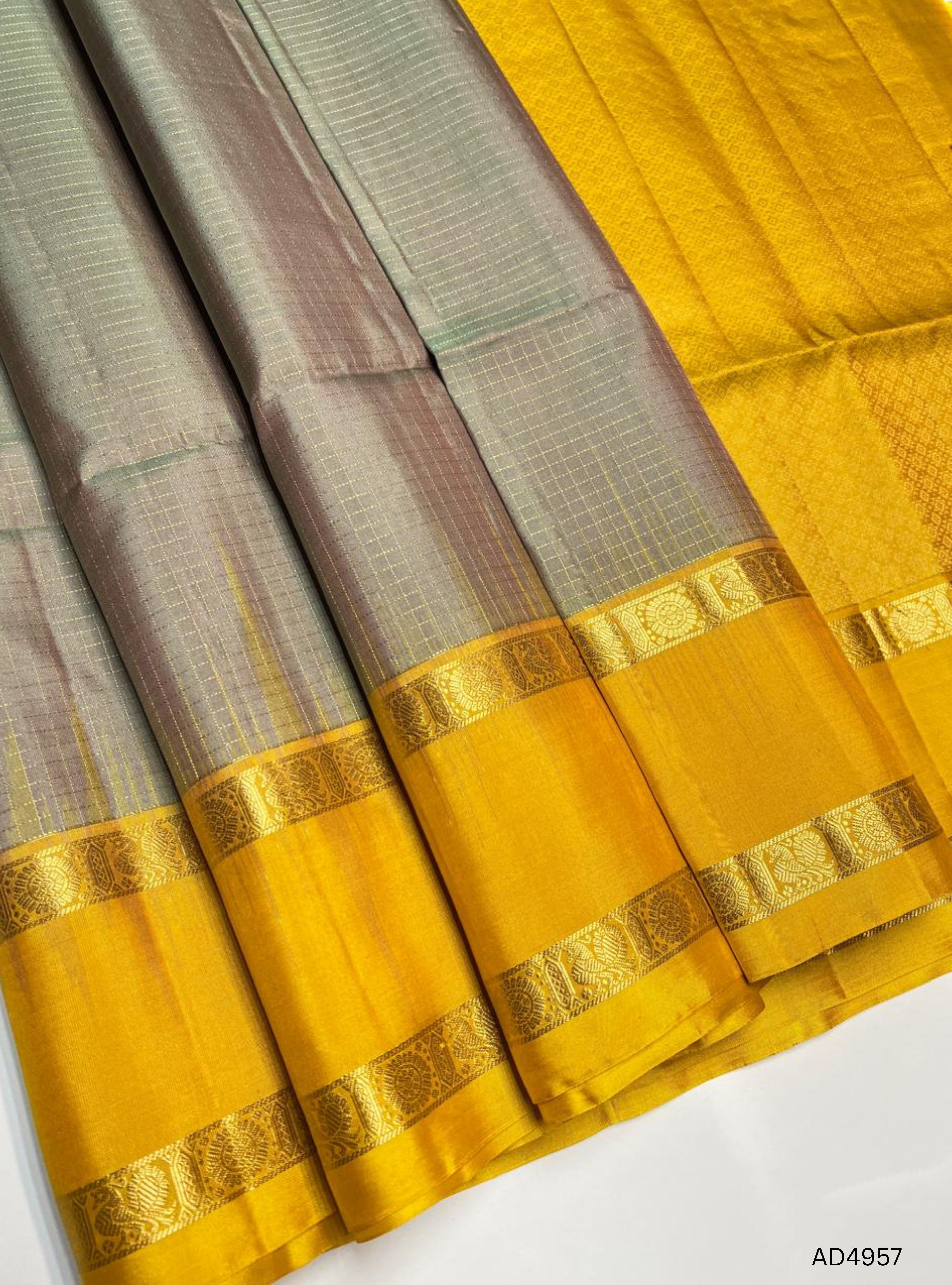 Chikoo & Yellow - Checkerd Retta Pet Soft Silk Saree