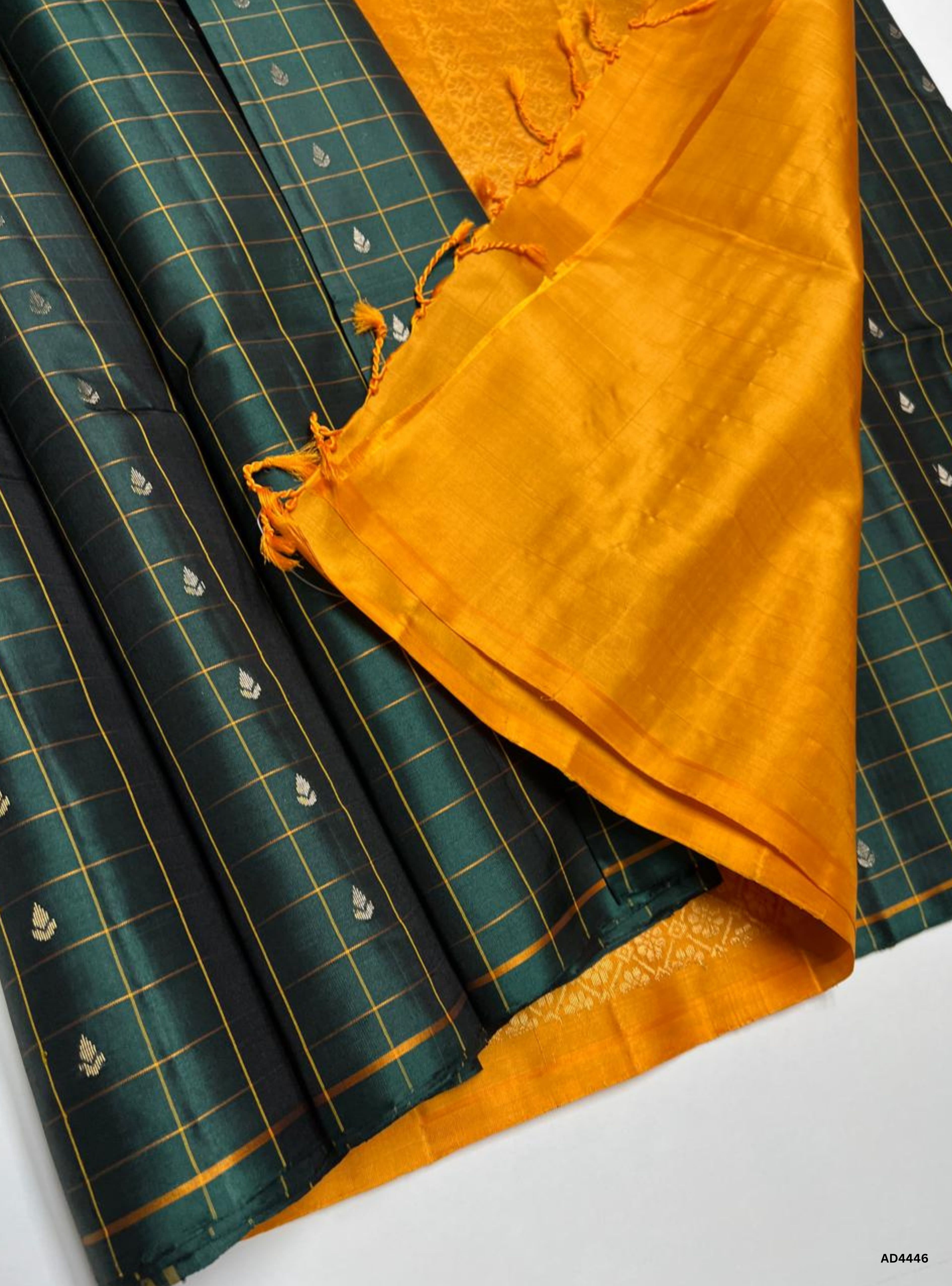 Green & Mango Yellow - Checkerd Soft Silk Saree