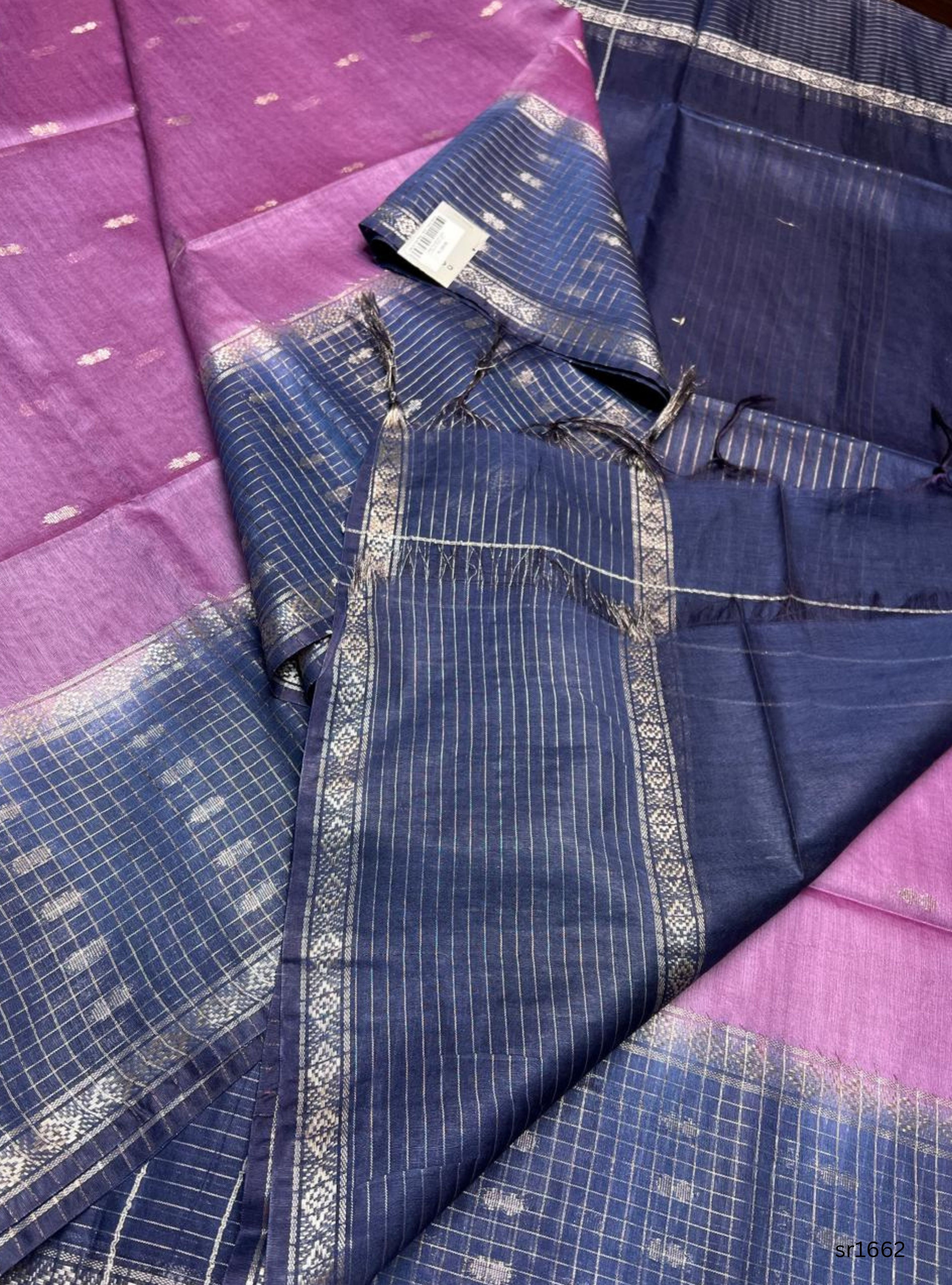 Lilac & Navy Blue - Semi Tissue Saree