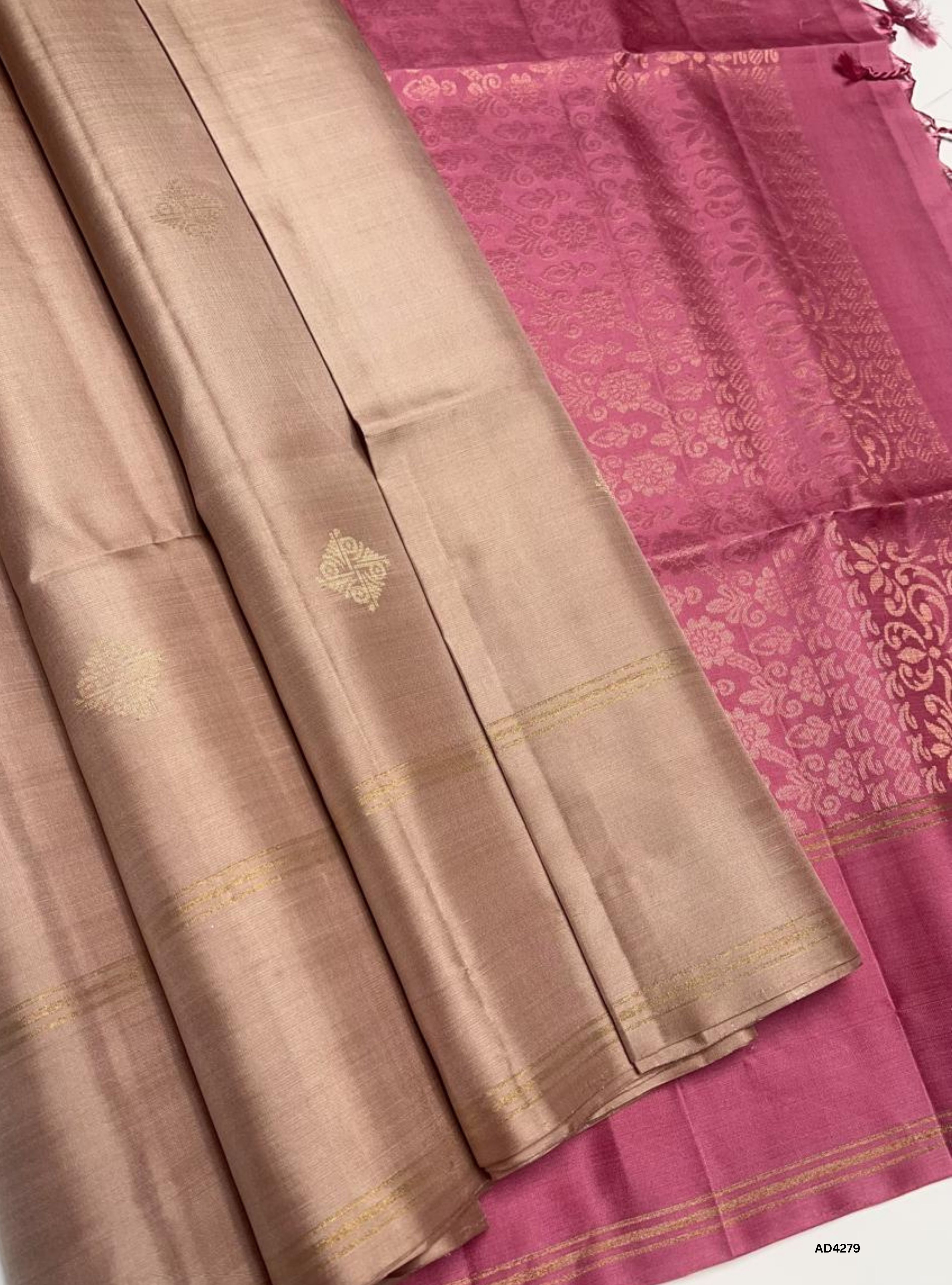 Cream & Pink - Soft Silk Saree