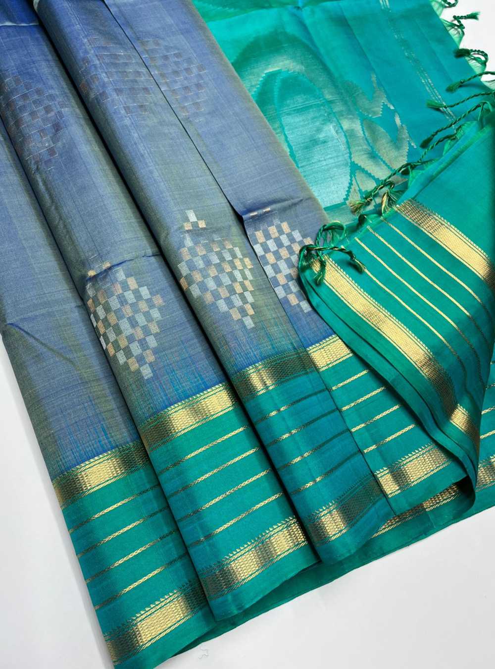 Greyish Blue & Aqua - Soft Silk Saree