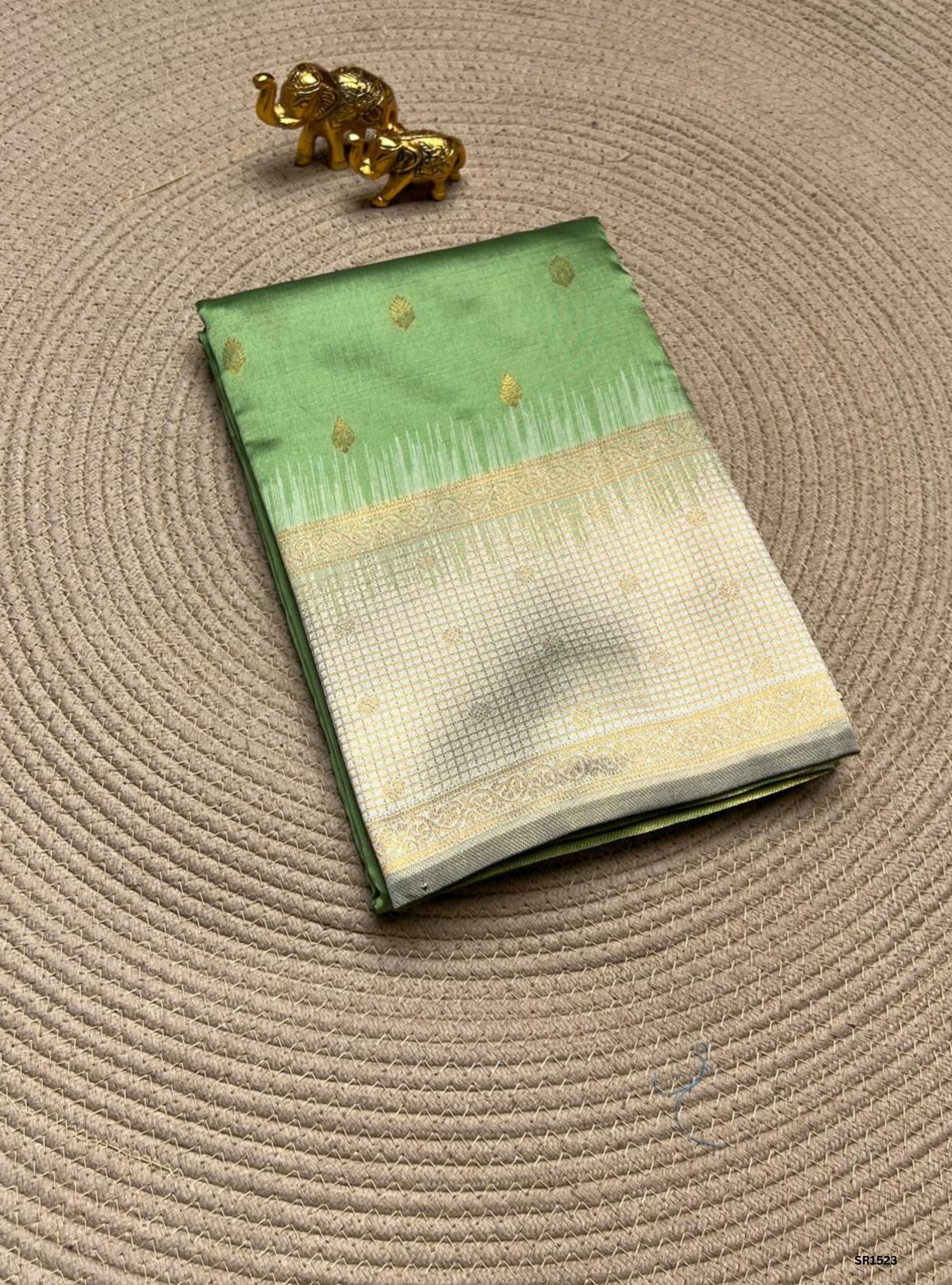 Apple Green & Cream - Semi Silk Saree