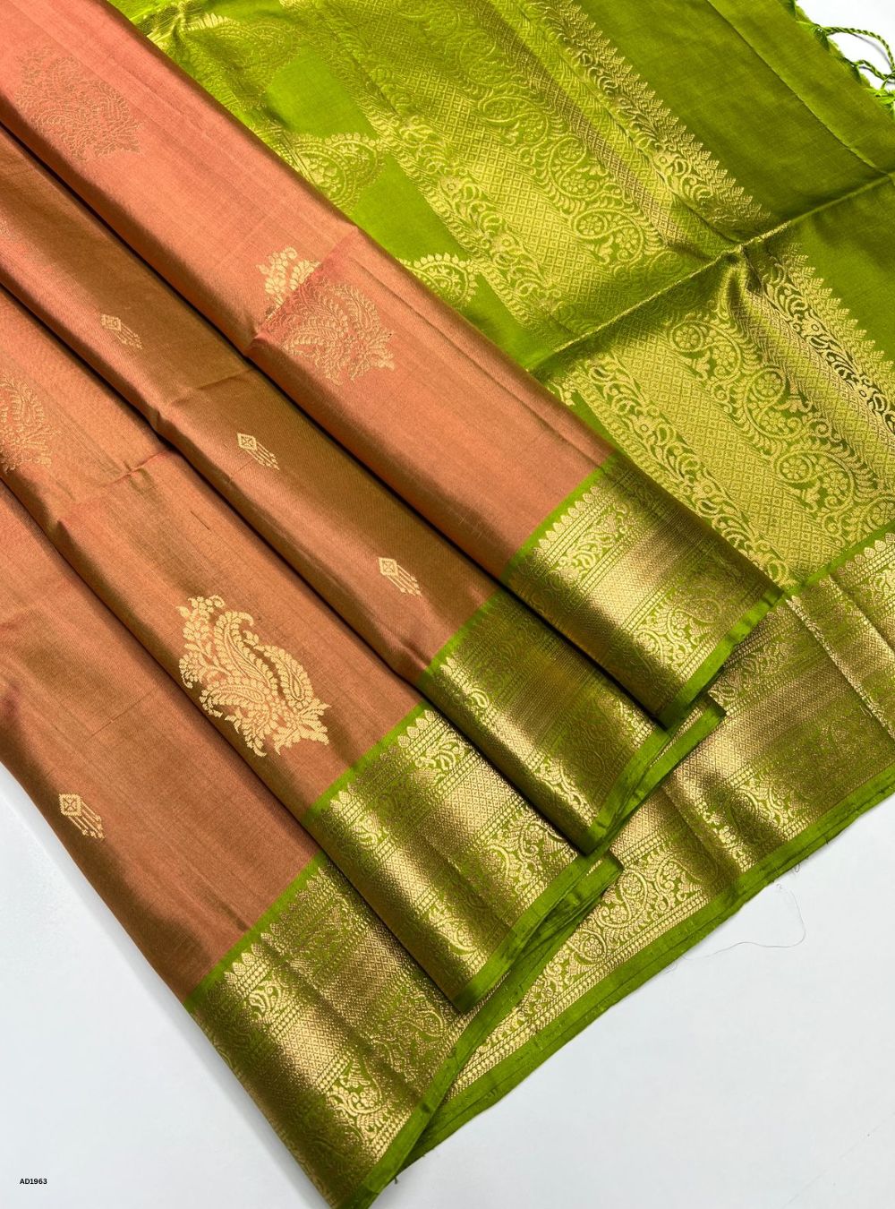 Dusty Peach & Lime Green -  Soft Silk Saree