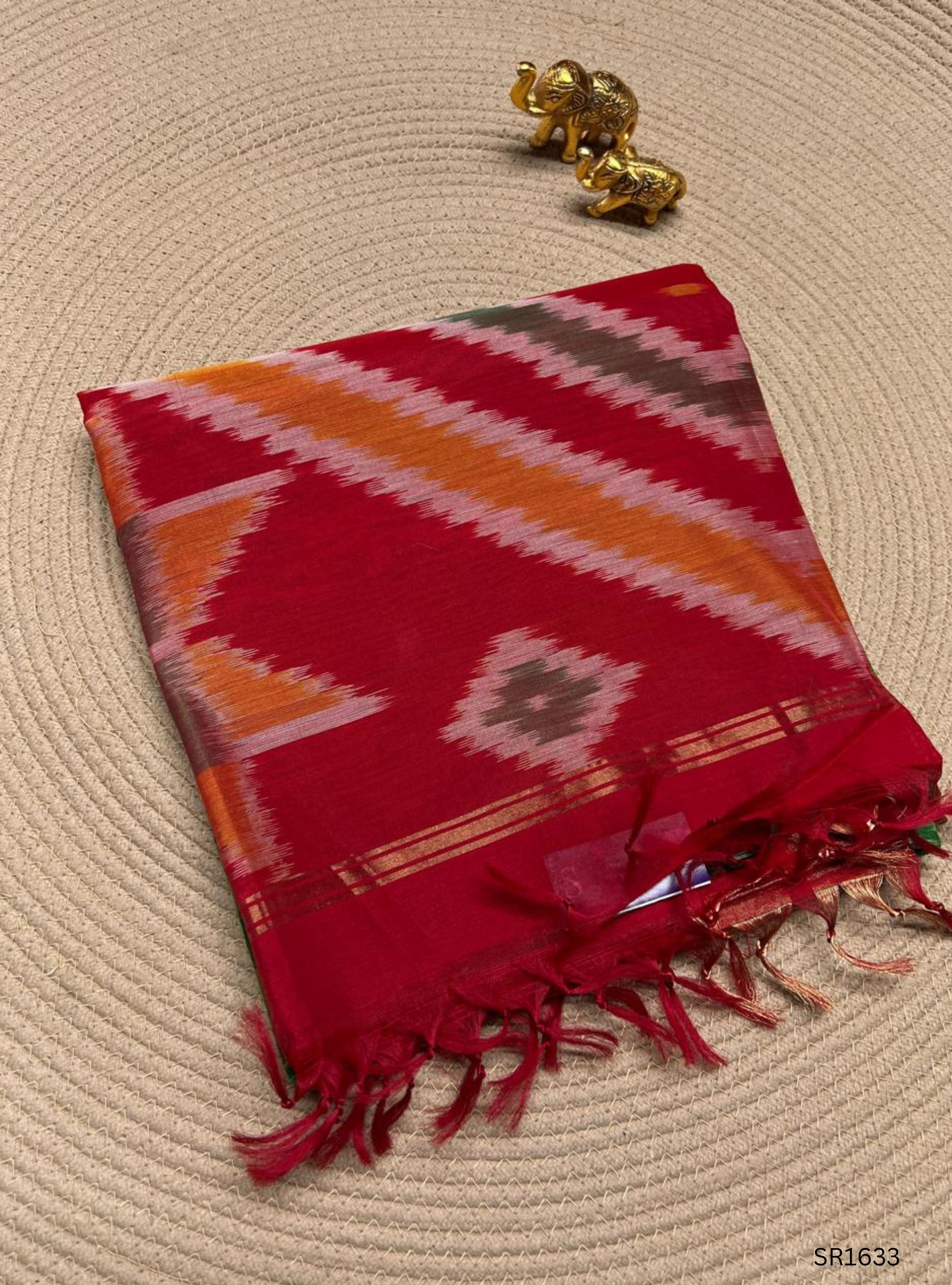 Green , White & Red - Ikkat Kora Cotton Saree