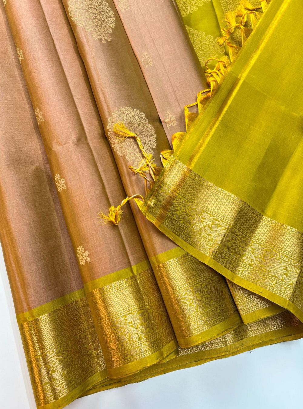 Dusky Peach & Chartreuse - Soft Silk Saree