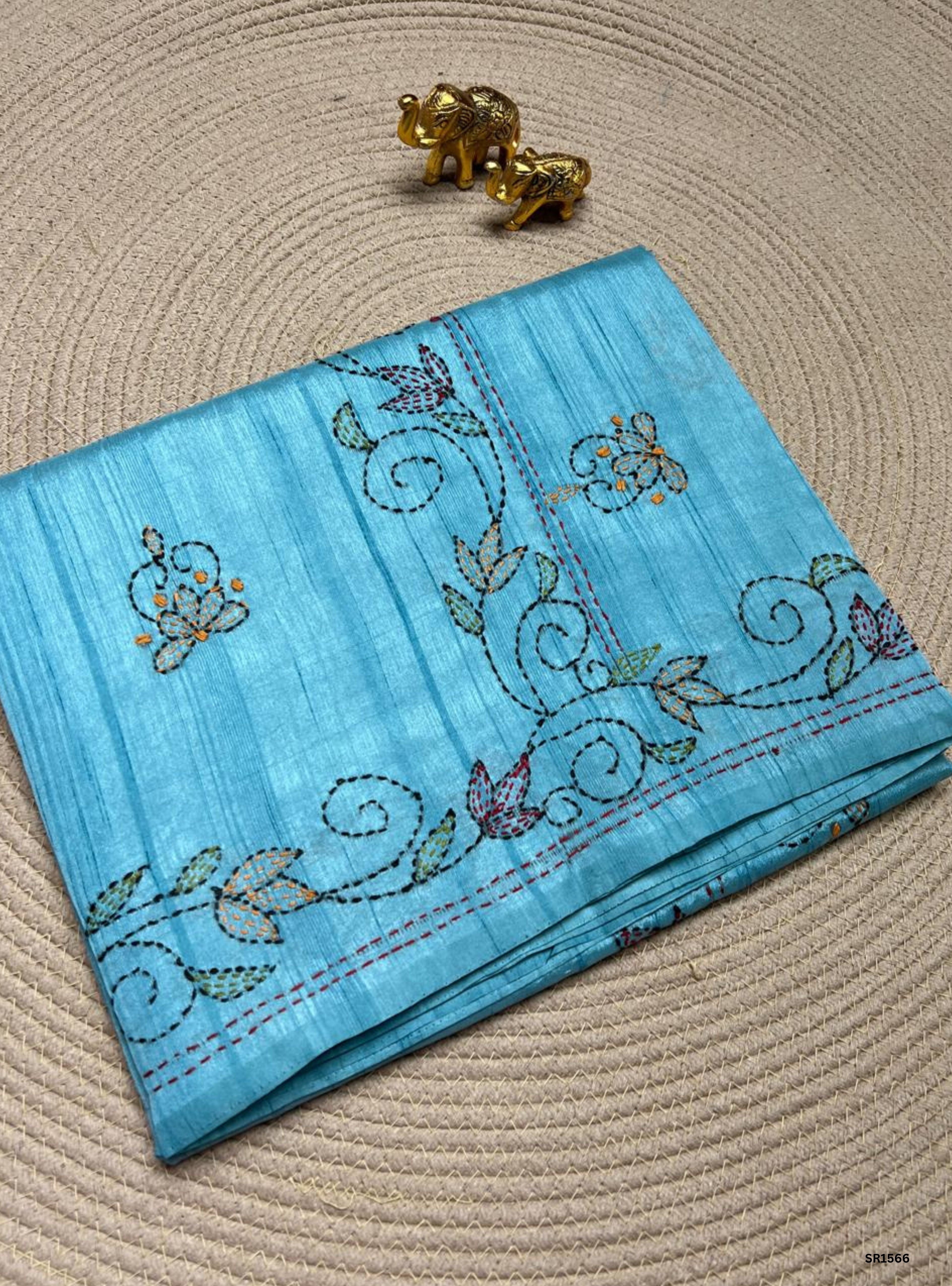 Blue - Kantha Stich Semi Tussar Saree