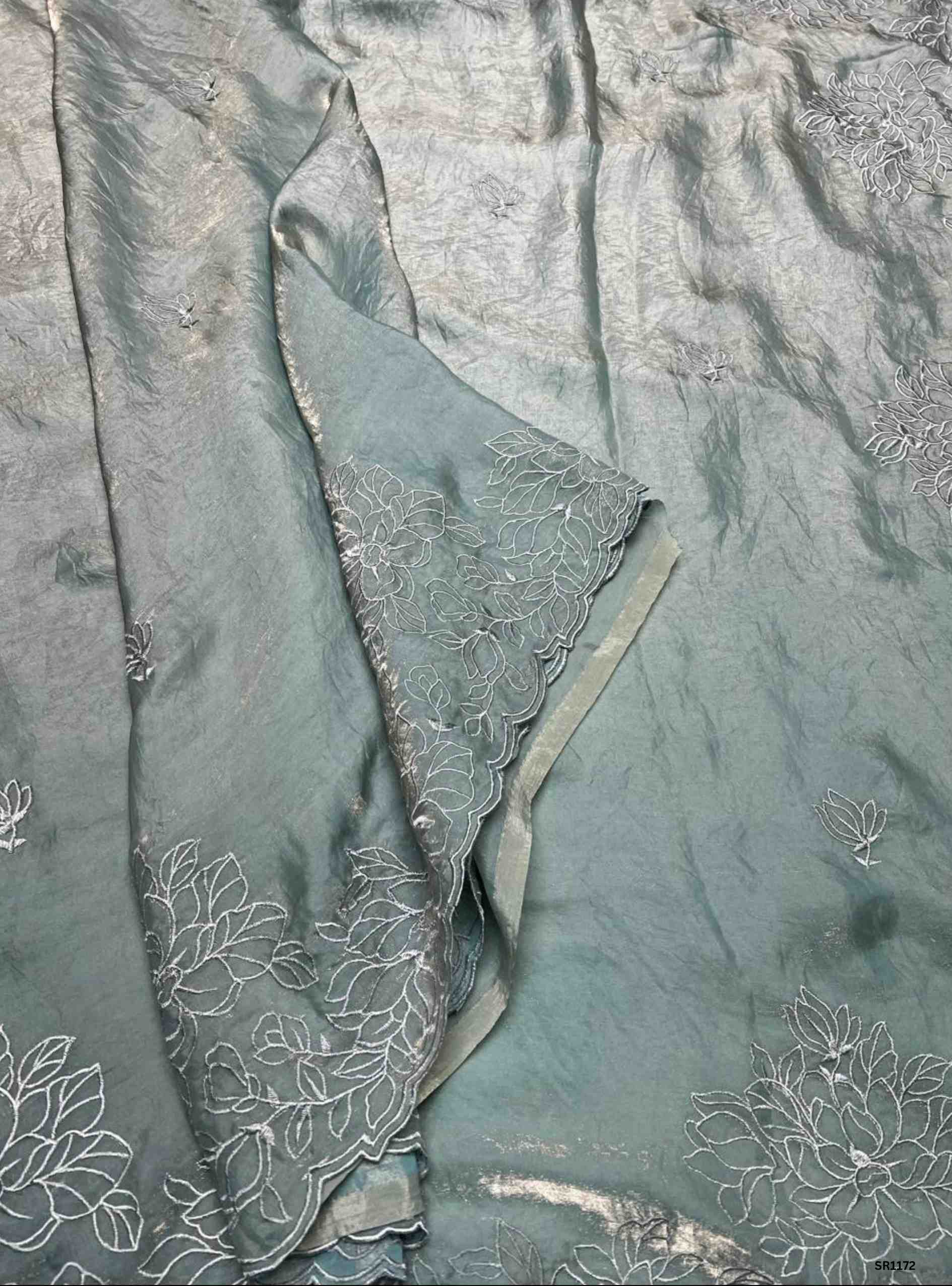 Metalic Grey - Chinon Orgnanza Embroidery Saree