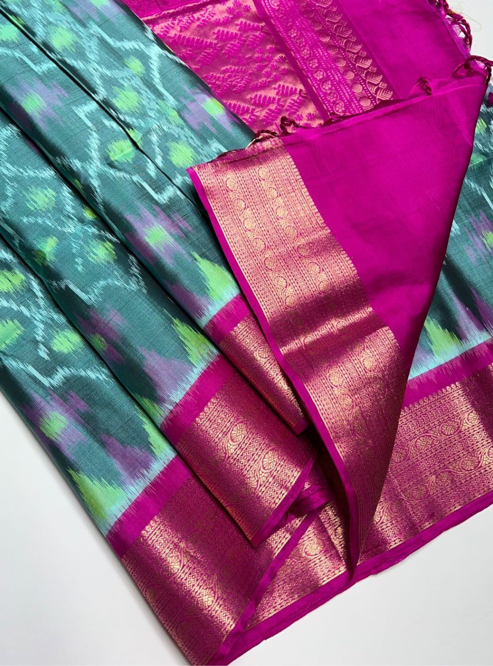 Teal & Pink - Soft Silk Saree