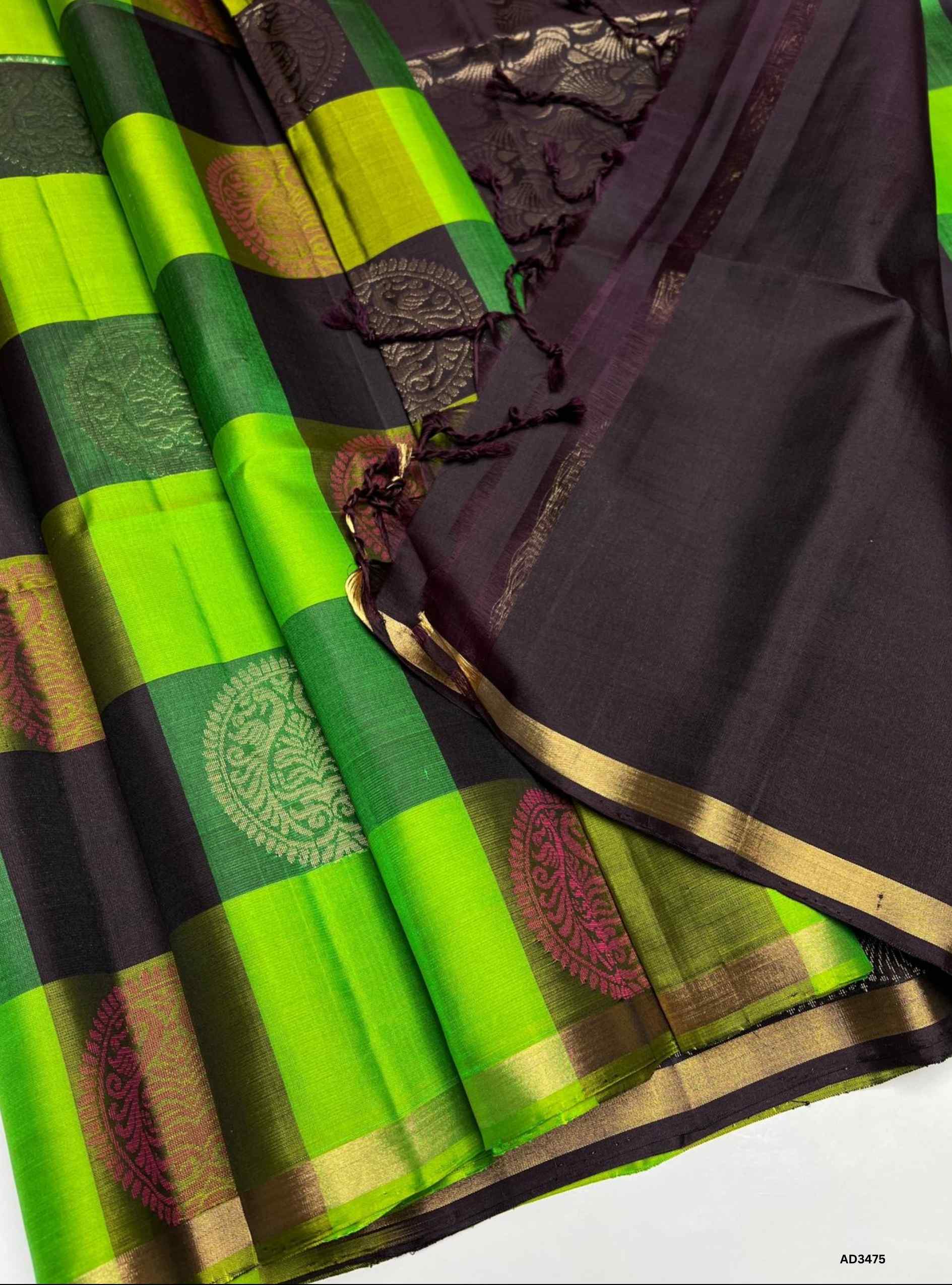 Green & Coffee Brown - Soft Silk Saree