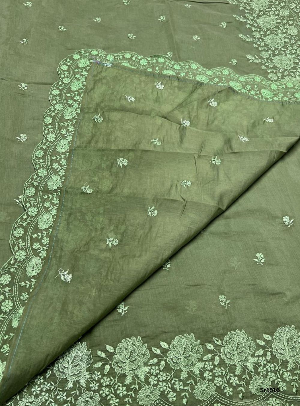 Olive Green - Mul chanderi Thread Embroided Saree
