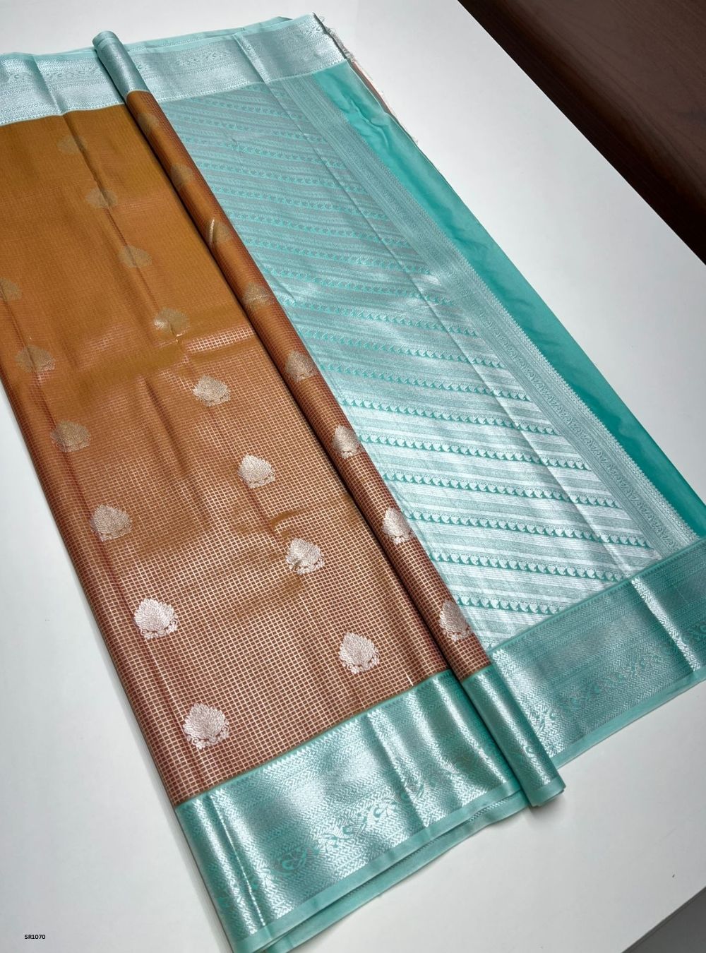 Burnt Orange & Ice Blue - Vegan Silk Saree