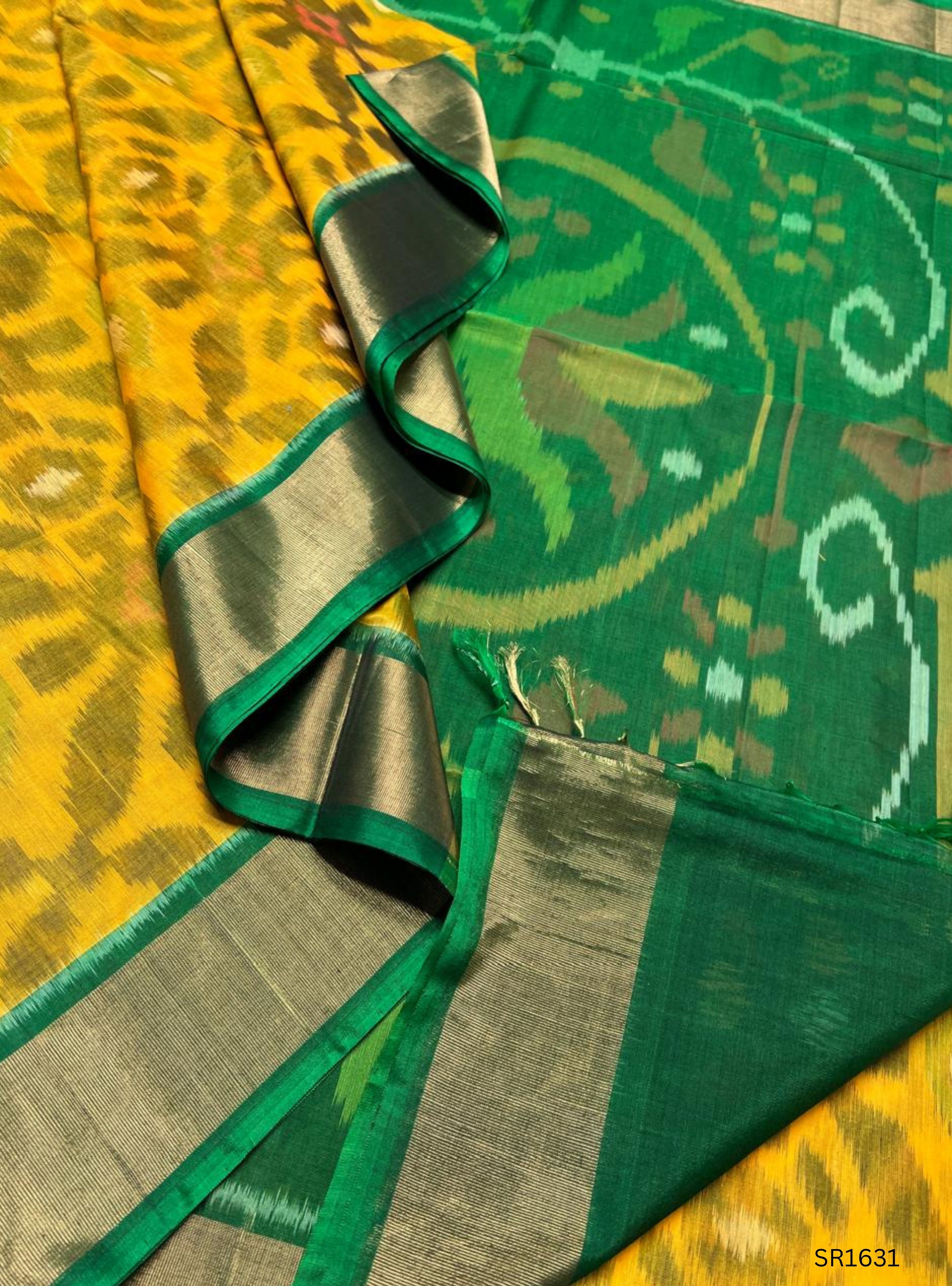 Yellow, & Green - Ikkat Kora Cotton Saree