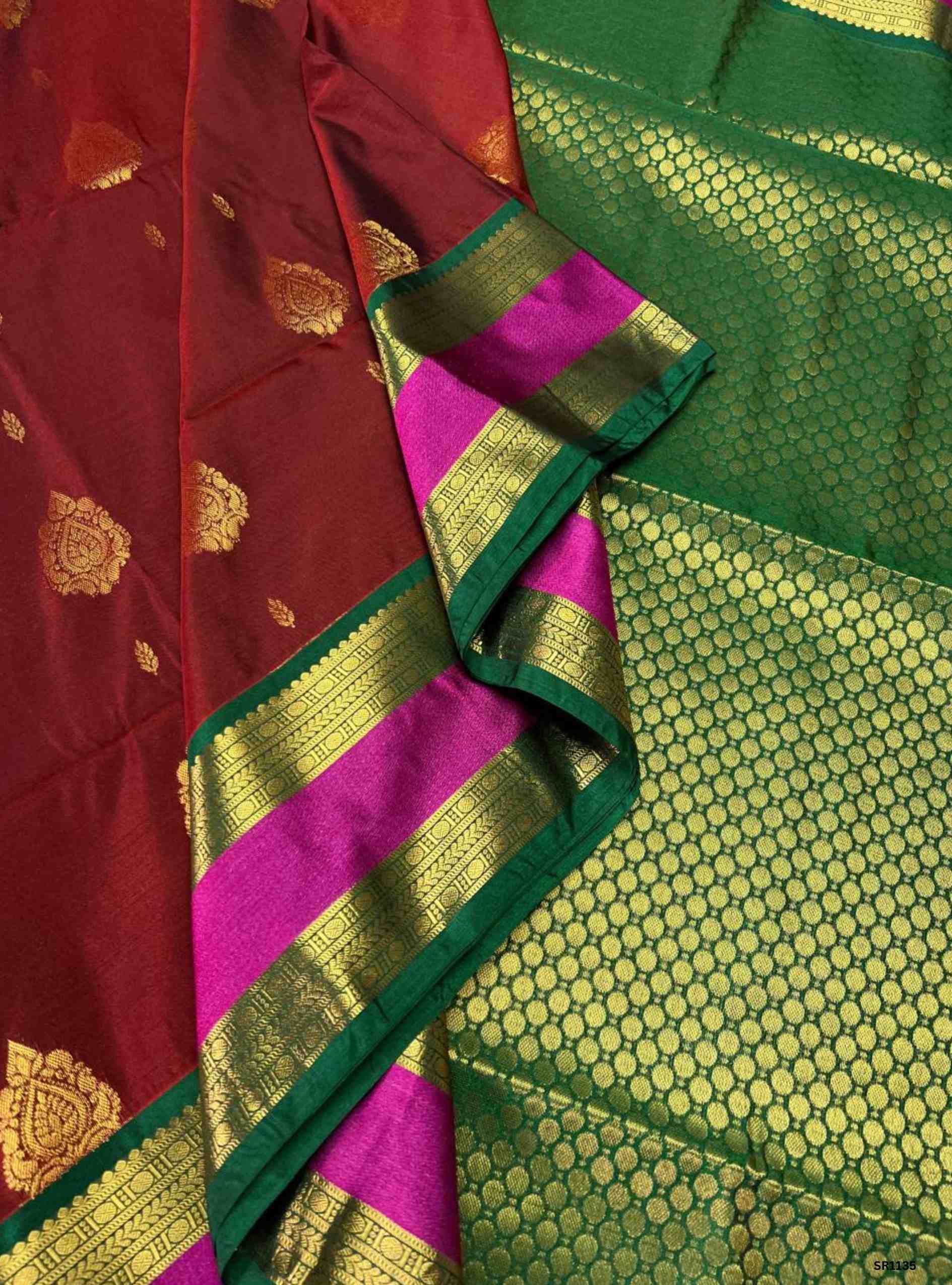 Brick Brown & Green - Semi Silk Saree